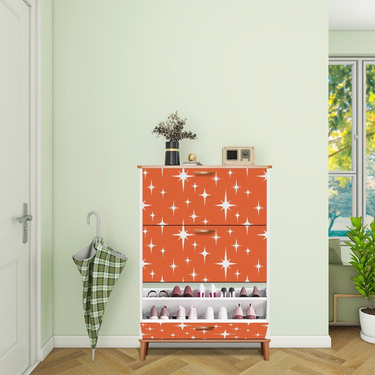 Kate McEnroe New York Retro Starburst Shoe Cabinet, Mid Century Modern Storage Tower, MCM 3 - Tier OrganizerShoe StorageMmRUe35Lzm