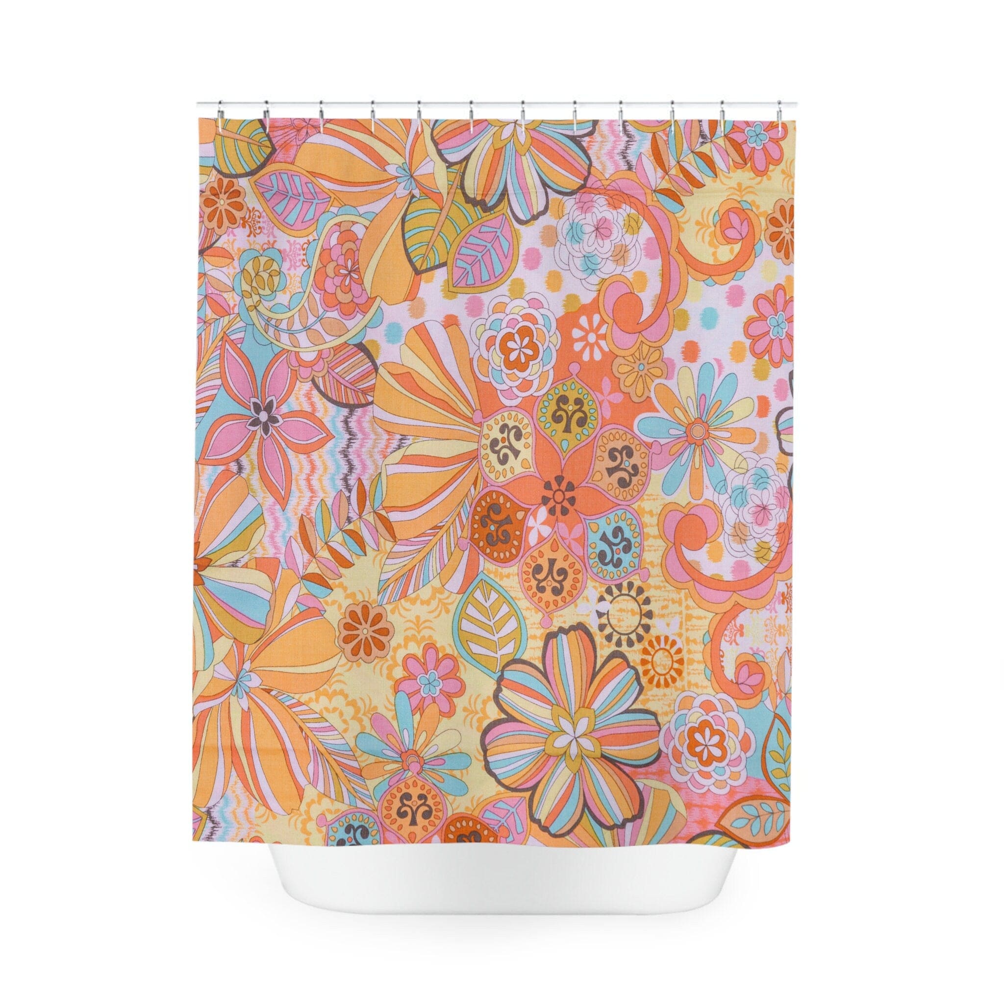 Kate McEnroe New York Retro Trippy Flower Power Shower Curtain, 70s Mid Mod Hippie Chic Floral Bathroom Decor with Groovy Orange, Yellow, and Blue PaletteShower CurtainsSC - PIN - GRV - 7X7