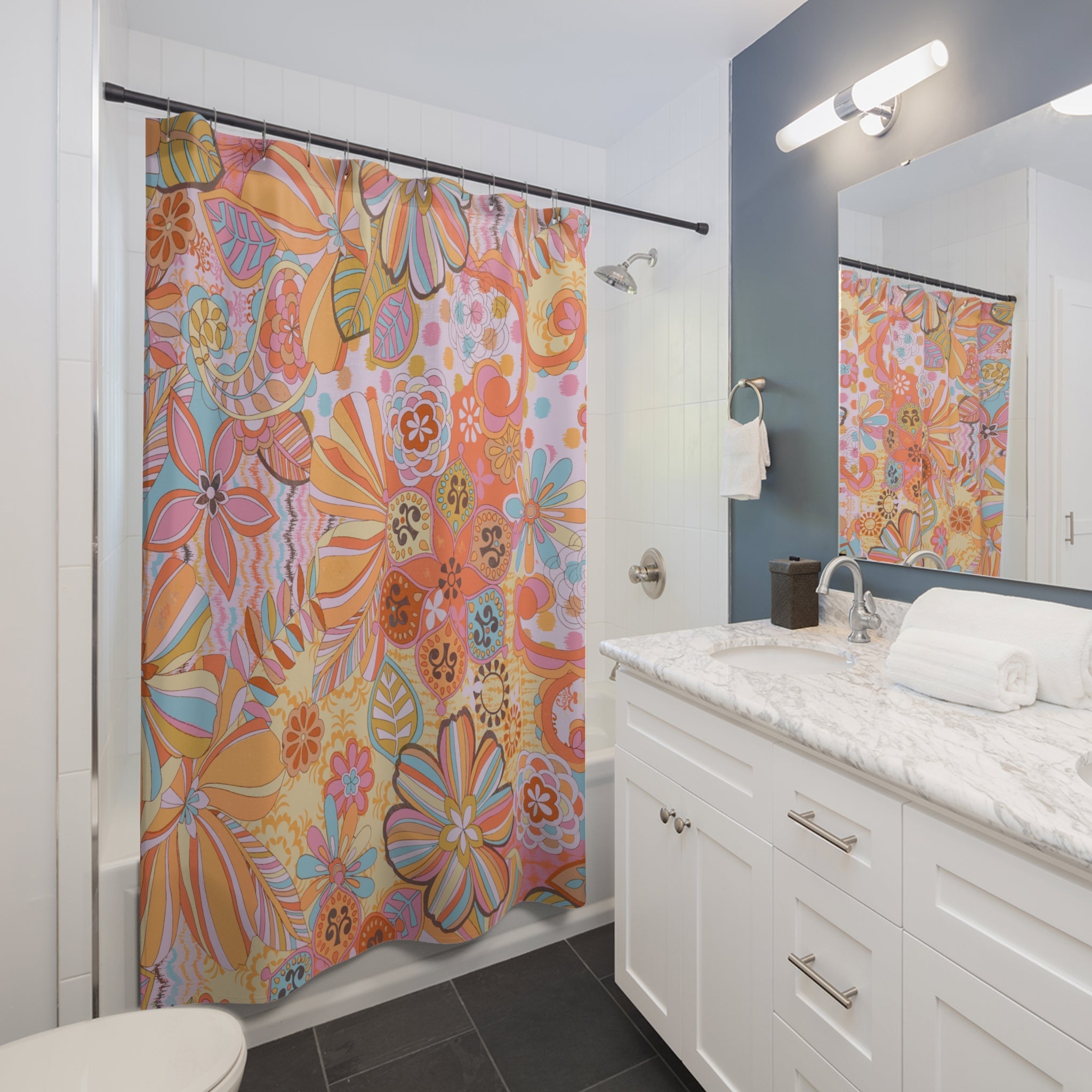 Kate McEnroe New York Retro Trippy Flower Power Shower Curtain, 70s Mid Mod Hippie Chic Floral Bathroom Decor with Groovy Orange, Yellow, and Blue PaletteShower CurtainsSC-PIN-GRV-7X7