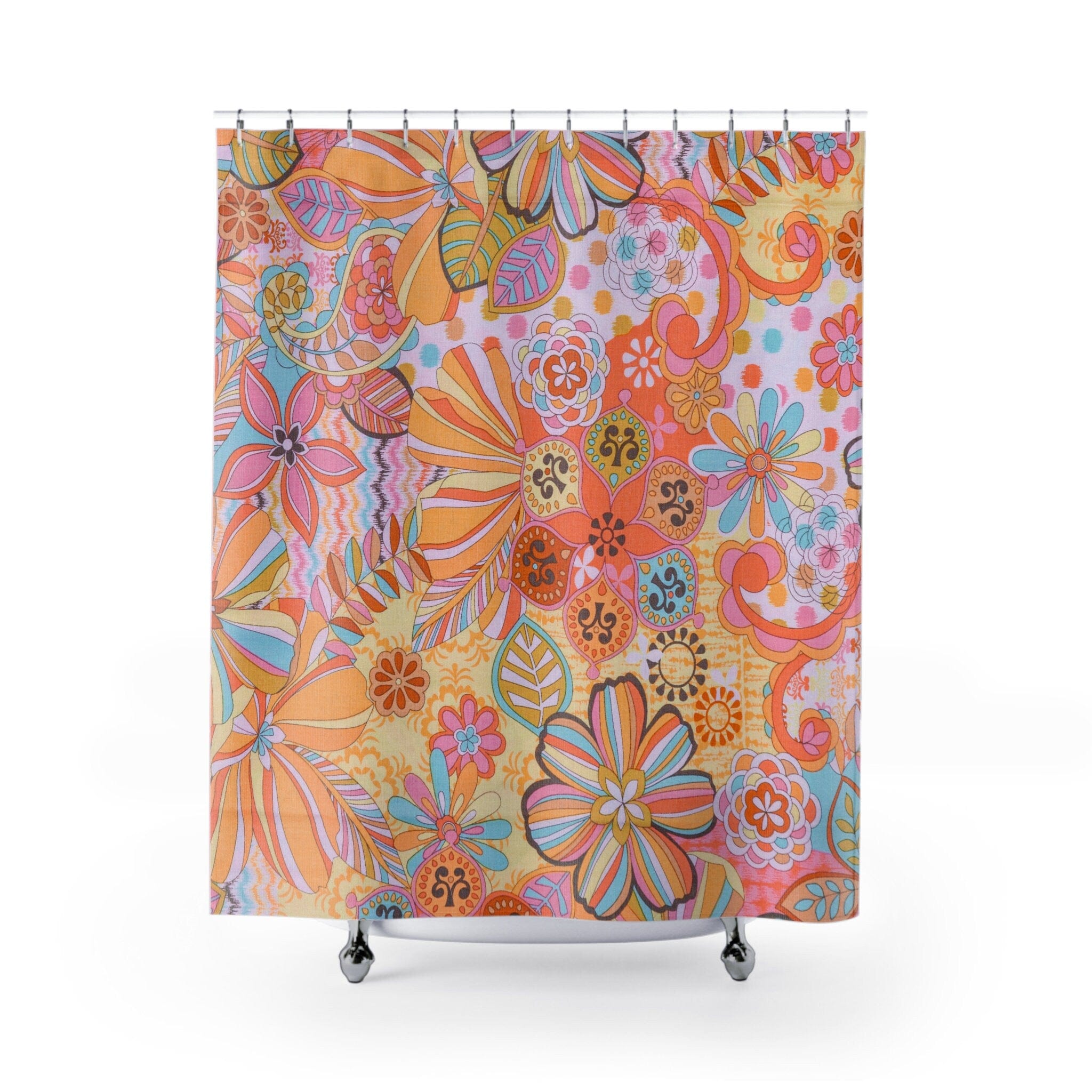 Kate McEnroe New York Retro Trippy Flower Power Shower Curtain, 70s Mid Mod Hippie Chic Floral Bathroom Decor with Groovy Orange, Yellow, and Blue PaletteShower CurtainsSC - PIN - GRV - 7X7