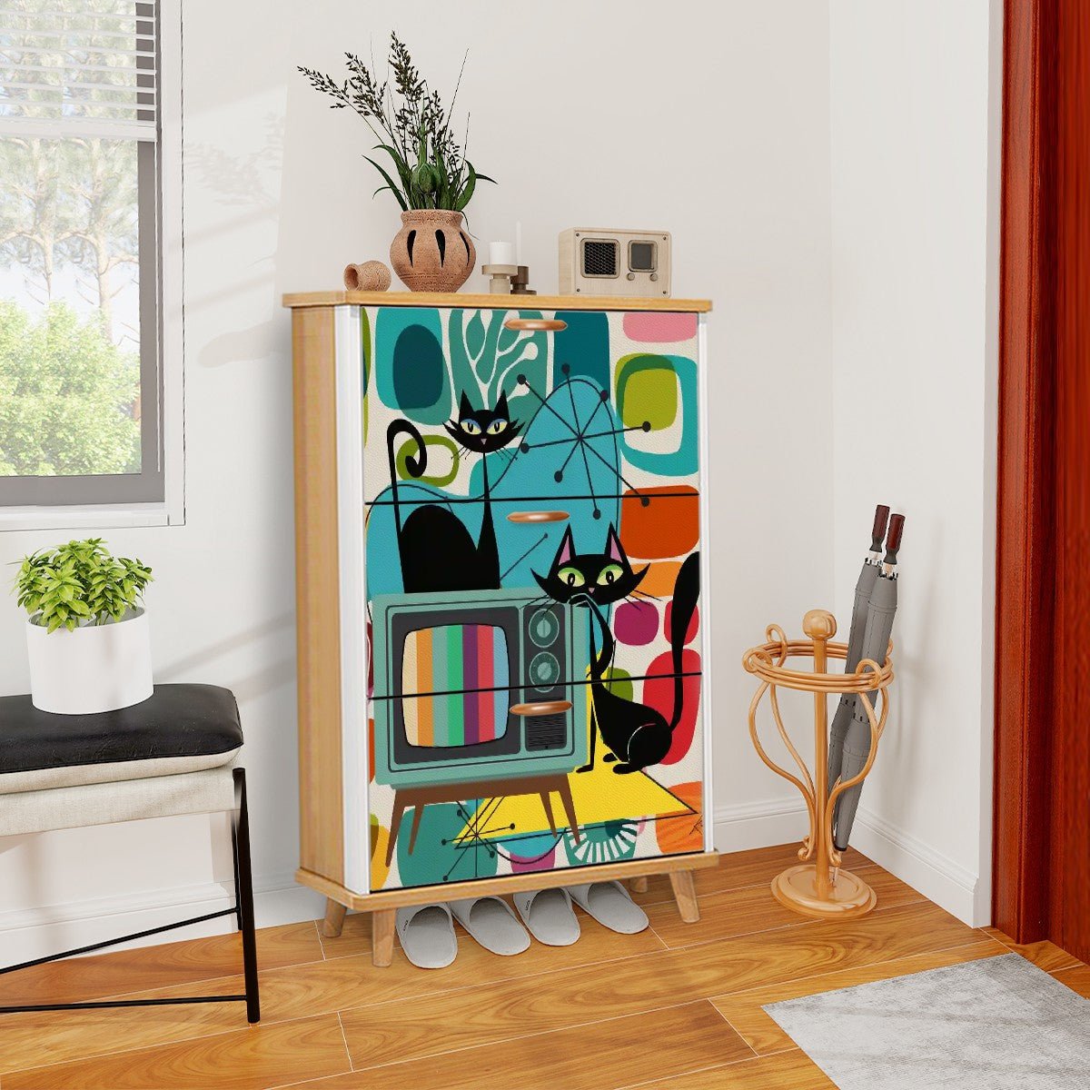 Kate McEnroe New York Retro TV Atomic Cat 3 - Tier Shoe Cabinet, Mid Century Modern Amoeba Storage Unit, Vintage MCM OrganizerShoe StorageYdbc5CLDxv