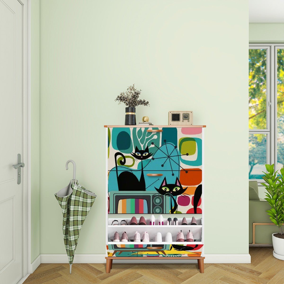 Kate McEnroe New York Retro TV Atomic Cat 3 - Tier Shoe Cabinet, Mid Century Modern Amoeba Storage Unit, Vintage MCM OrganizerShoe StorageYdbc5CLDxv