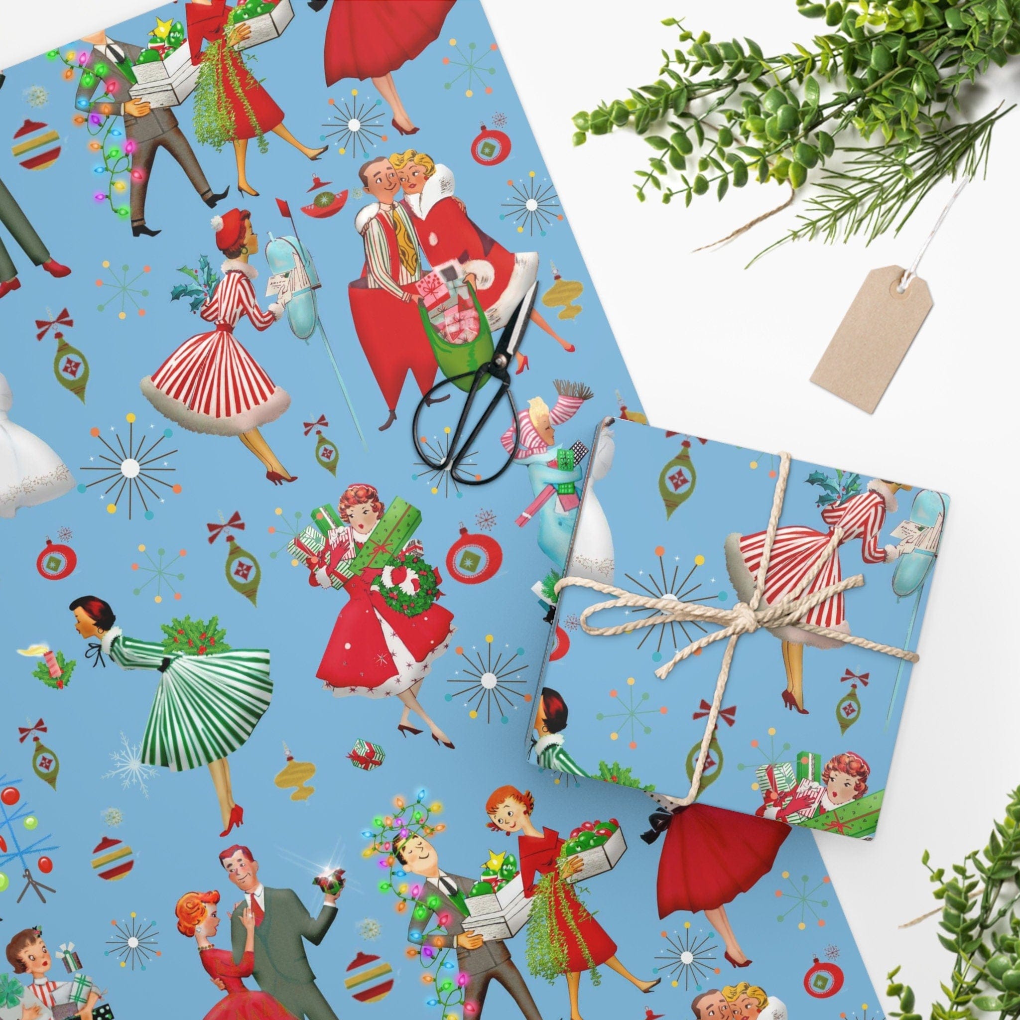 Kate McEnroe New York Retro Vintage 1950s Christmas Wrapping Paper, Mid Century Modern Retro Green, Red, Women, Ladies, Housewives Holiday Gift Wrap Seasonal &amp; Holiday Decorations
