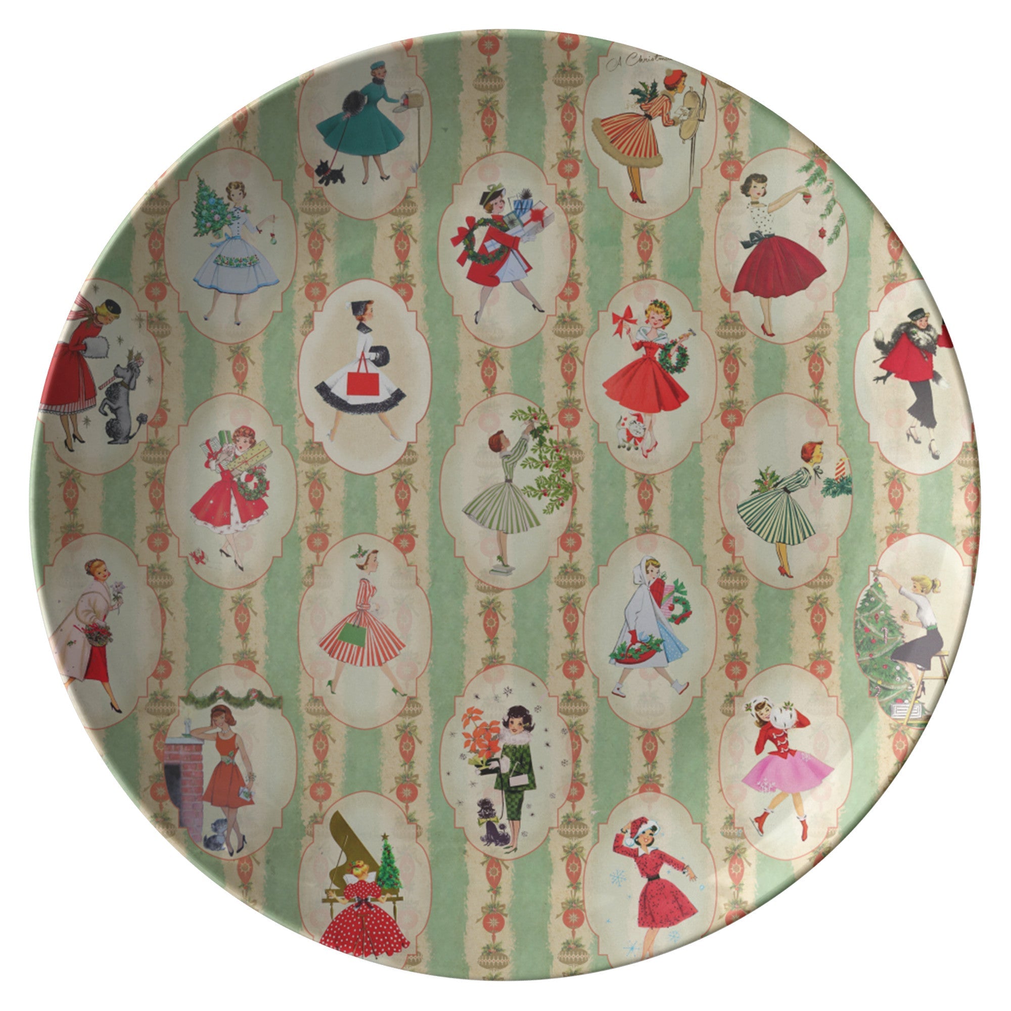 Kate McEnroe New York Retro Vintage 1950s Kitsch Christmas Dinner Plate, Mid Century Modern Green, Red, Women, Ladies, Housewives Holiday Party DishPlates9820SINGLE