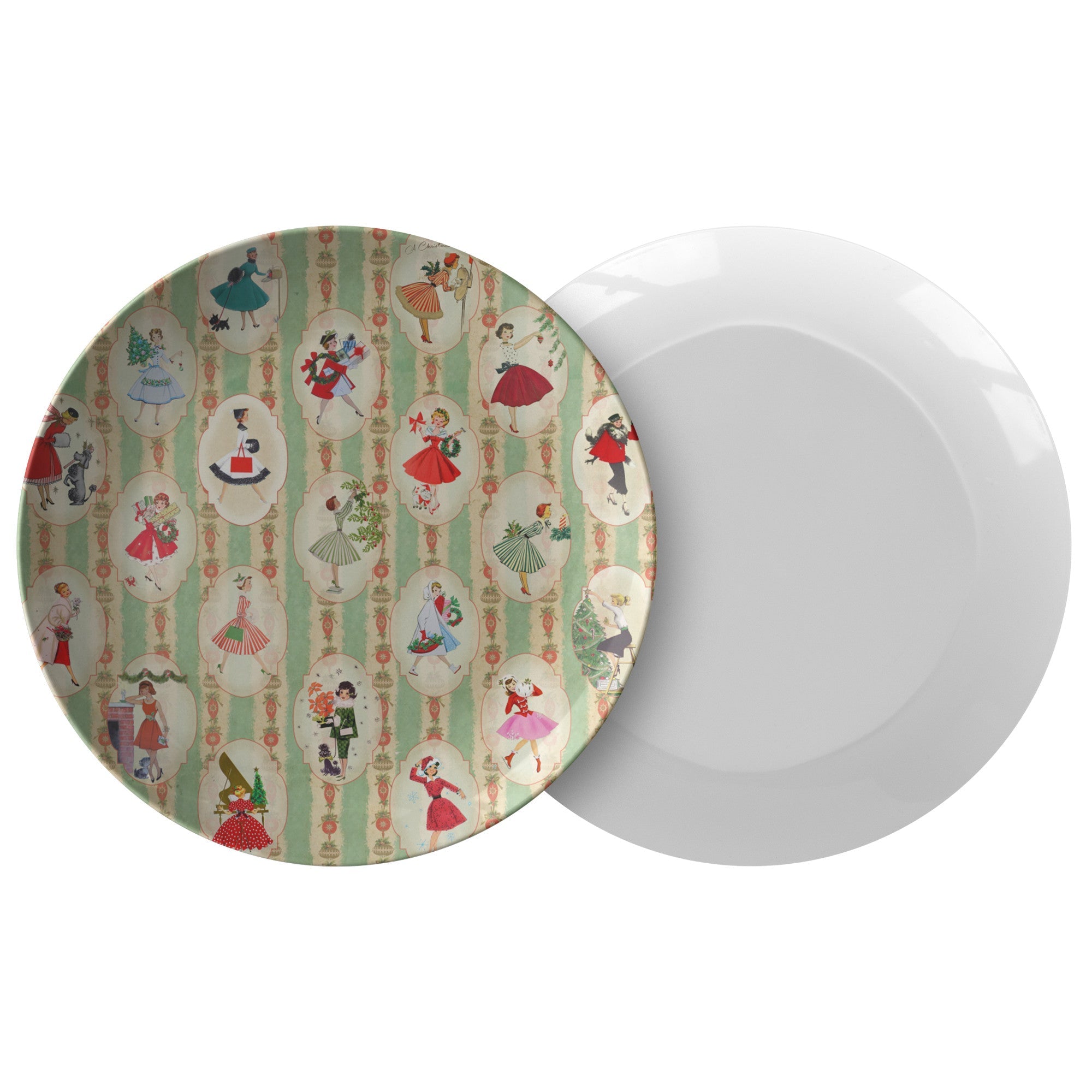 Kate McEnroe New York Retro Vintage 1950s Kitsch Christmas Dinner Plate, Mid Century Modern Green, Red, Women, Ladies, Housewives Holiday Party DishPlates9820SINGLE