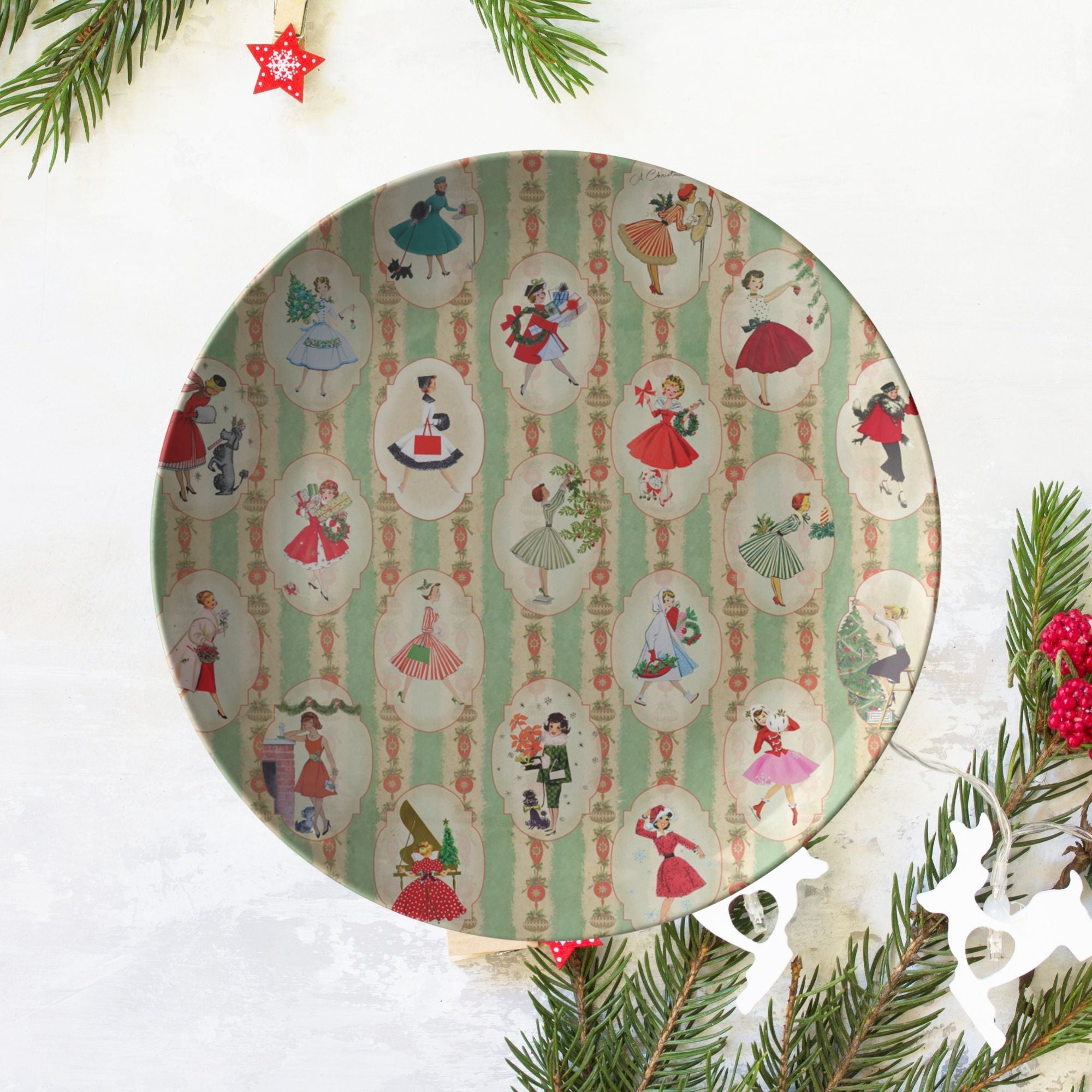 Kate McEnroe New York Retro Vintage 1950s Kitsch Christmas Dinner Plate, Mid Century Modern Green, Red, Women, Ladies, Housewives Holiday Party DishPlates9820SINGLE