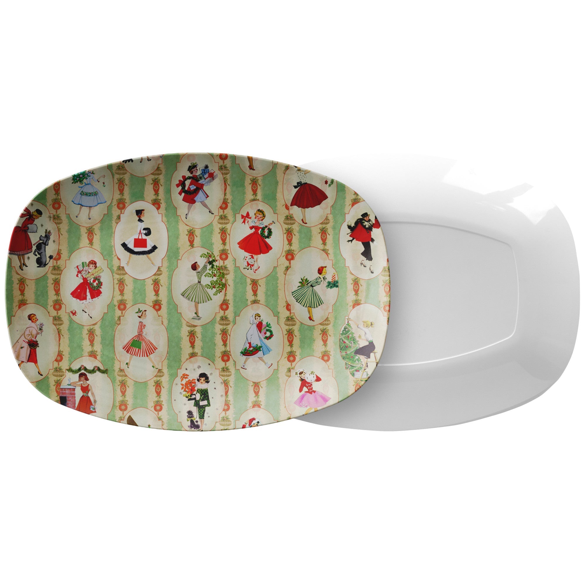 Kate McEnroe New York Retro Vintage 1950s Kitsch Christmas Platter, Mid Century Modern Green, Red, Women, Ladies, Housewives Holiday Party DishServing Platters9727