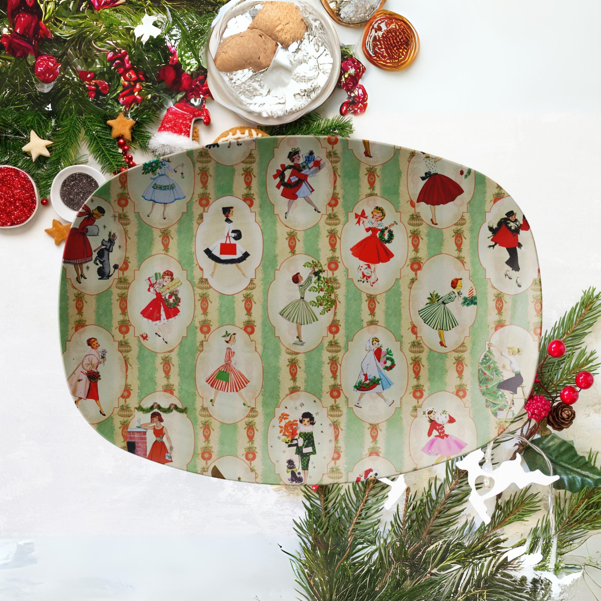 Kate McEnroe New York Retro Vintage 1950s Kitsch Christmas Platter, Mid Century Modern Green, Red, Women, Ladies, Housewives Holiday Party DishServing Platters9727