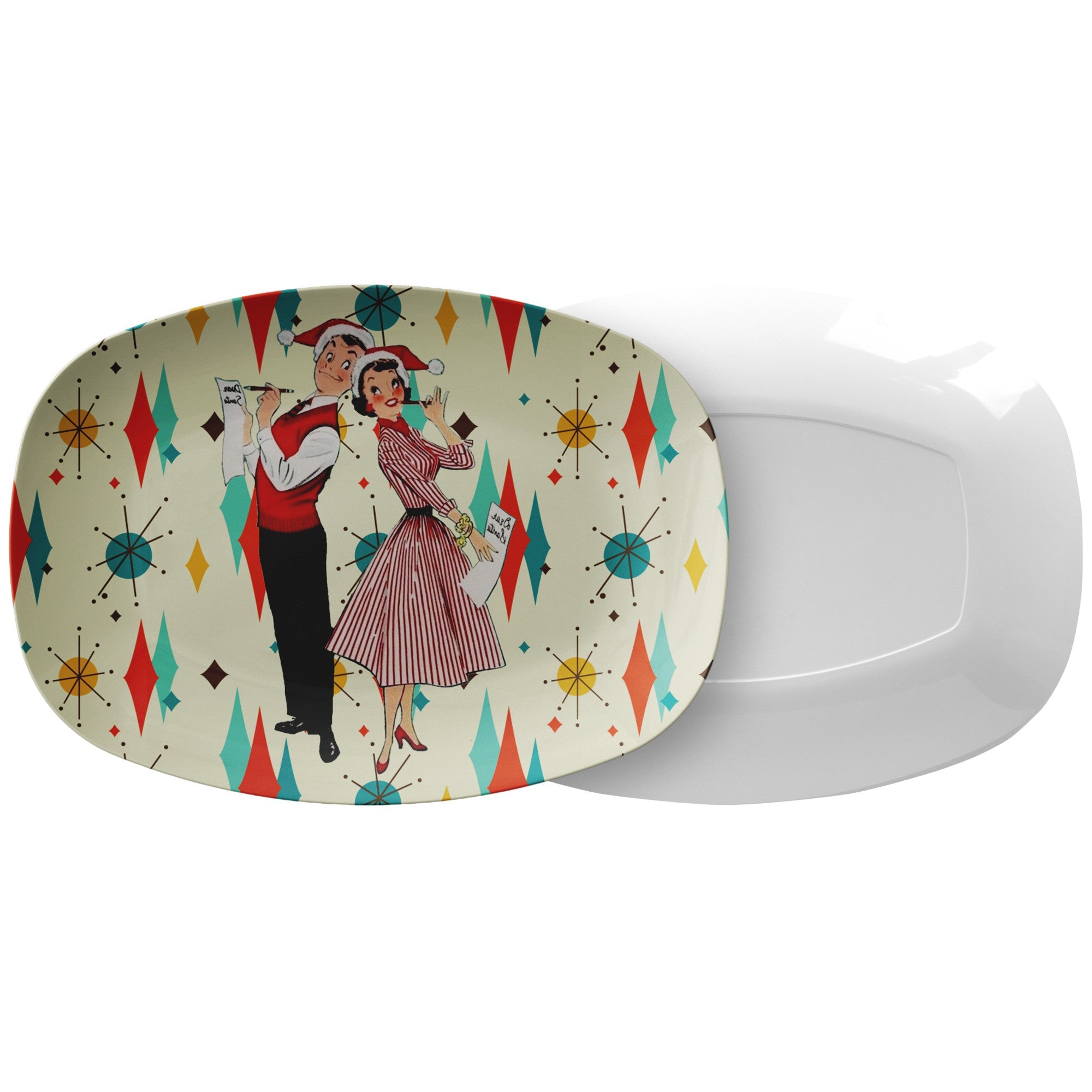 Kate McEnroe New York Retro Vintage 1950s Kitsch Couple Christmas Card Art Platter, MCM Franciscan Diamond Starburst Kitchen GiftsServing Platters9727