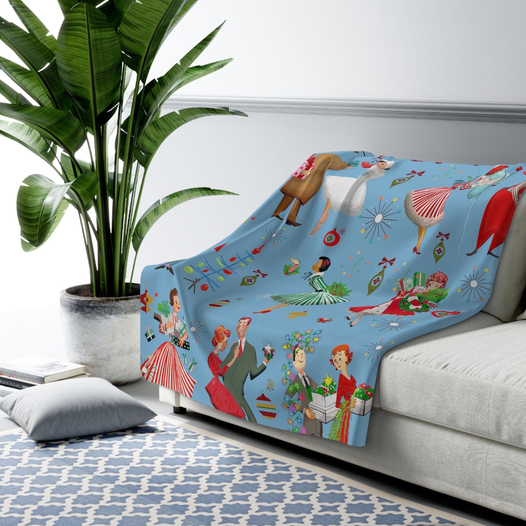 Kate McEnroe New York Retro Vintage 1950s Mid Century Modern Women, Housewives, Couples in Christmas Setting Sherpa Fleece Blanket - 128982023Blankets14715666607974073076
