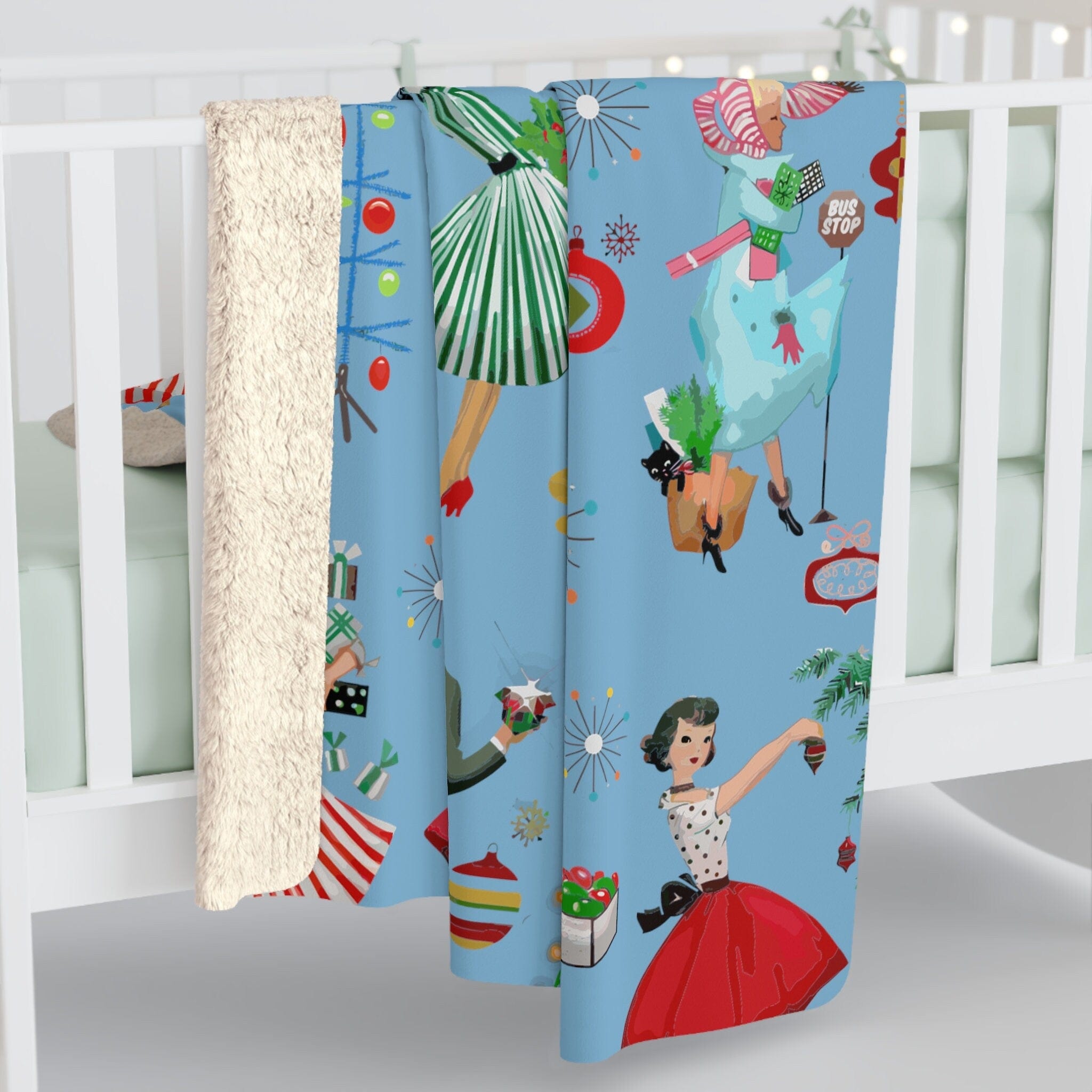 Kate McEnroe New York Retro Vintage 1950s Mid Century Modern Women, Housewives, Couples in Christmas Setting Sherpa Fleece Blanket - 128982023Blankets14715666607974073076