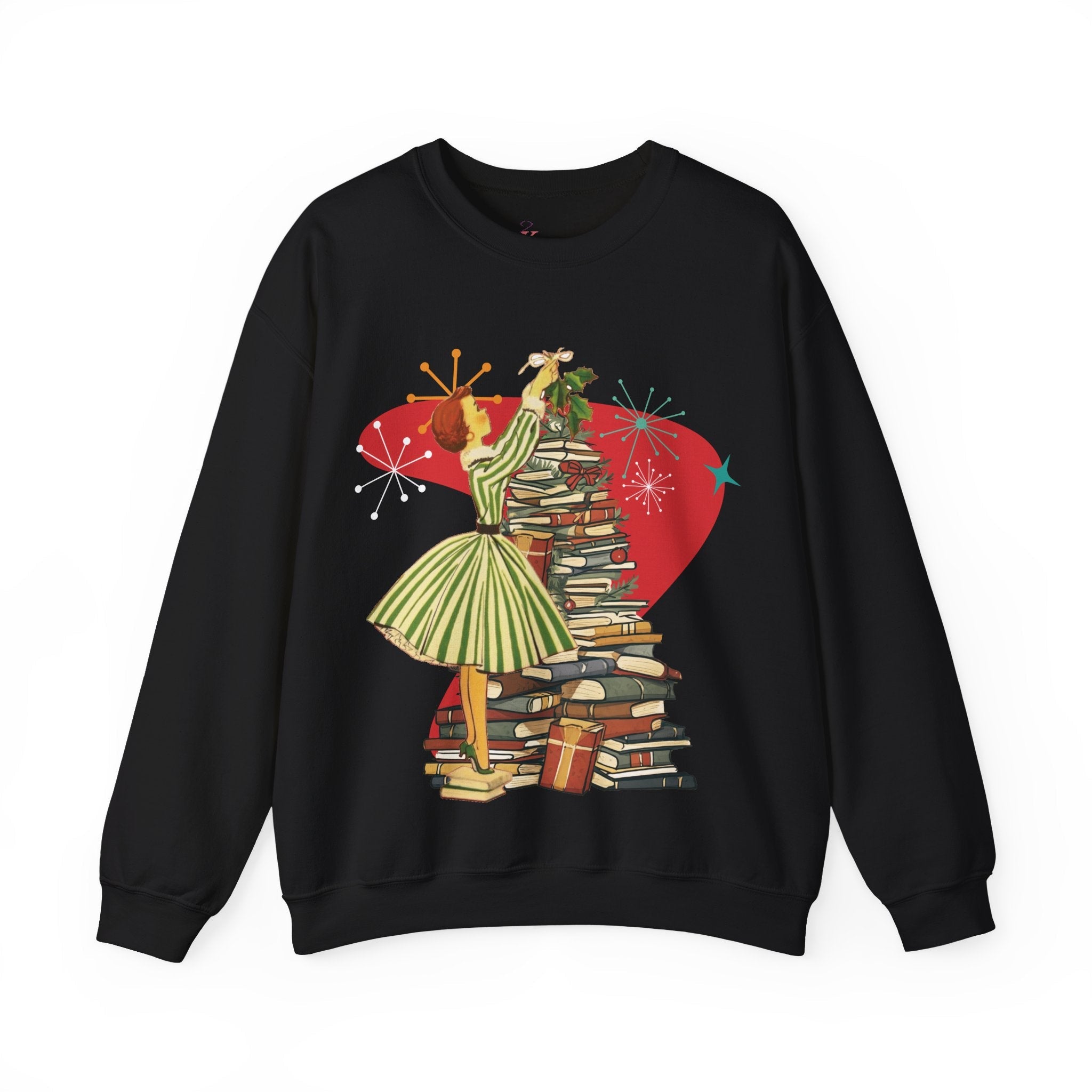 Kate McEnroe New York Retro Vintage 50s Book Lover Sweatshirt, Atomic Age Holiday CrewneckSweatshirts22732901230388971226