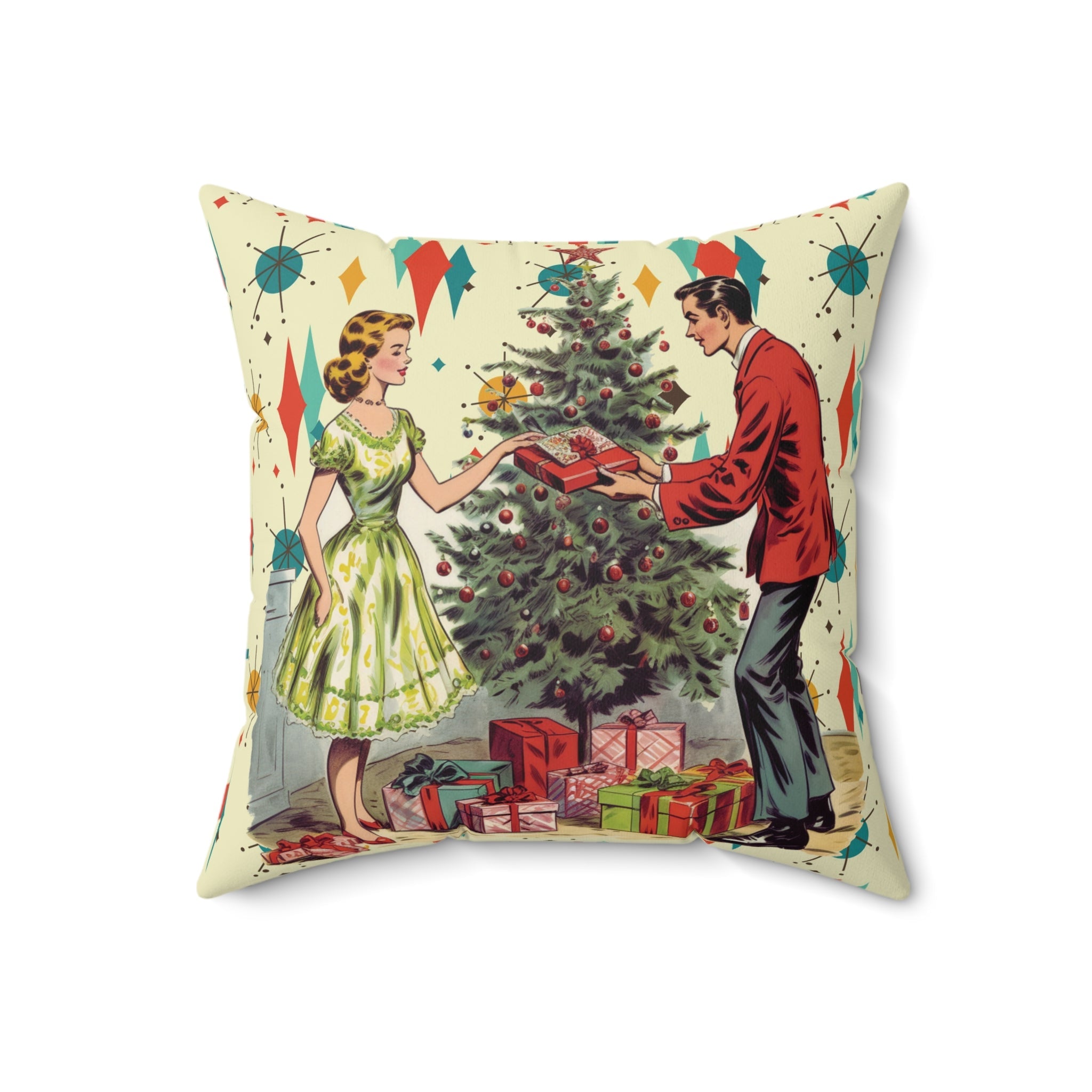 Kate McEnroe New York Retro Vintage 50s Franciscan Diamond Starburst Holiday Throw Pillow, Kitsch Christmas Scene CushionThrow Pillows17548665482444518317