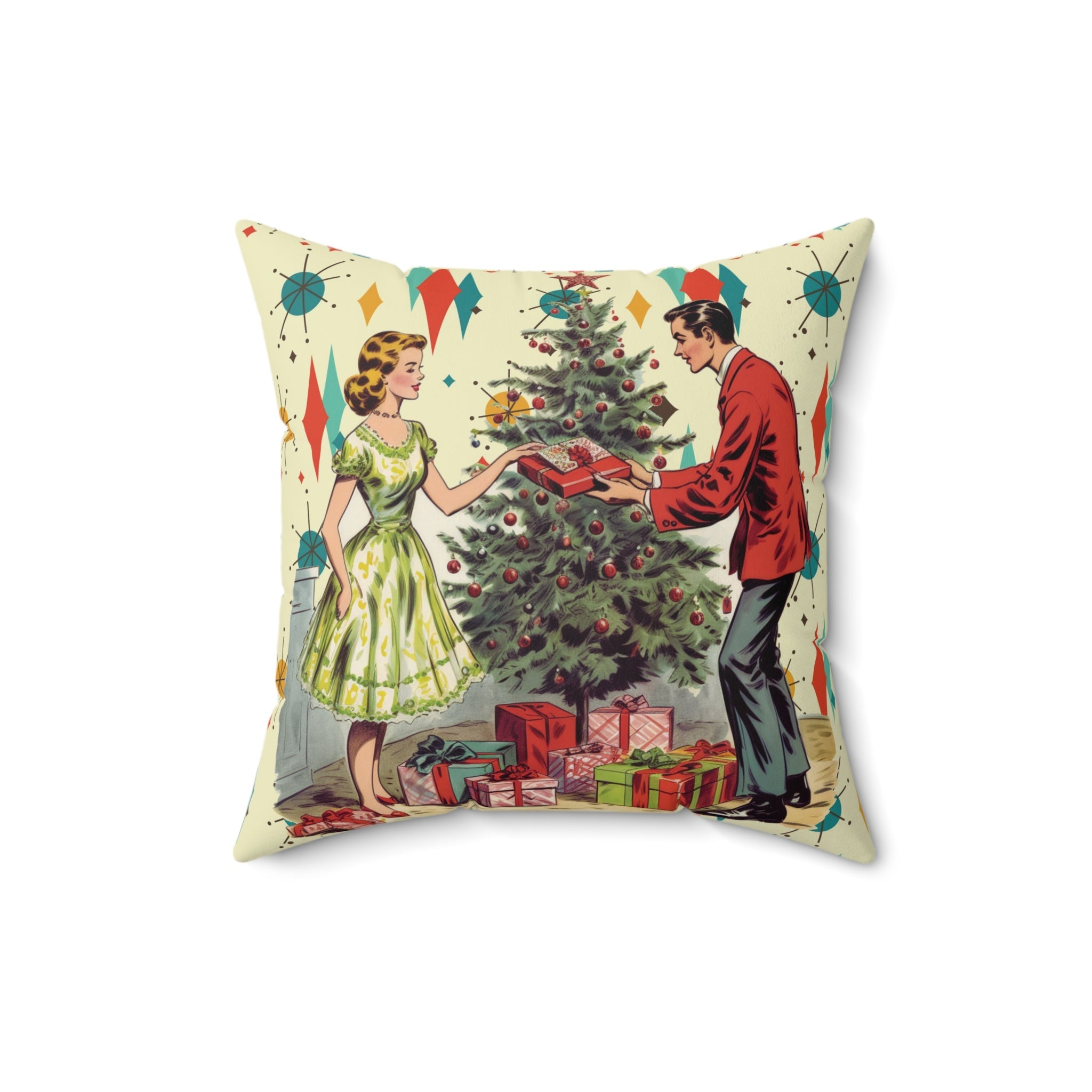 Kate McEnroe New York Retro Vintage 50s Franciscan Diamond Starburst Holiday Throw Pillow, Kitsch Christmas Scene CushionThrow Pillows53702509567286600869