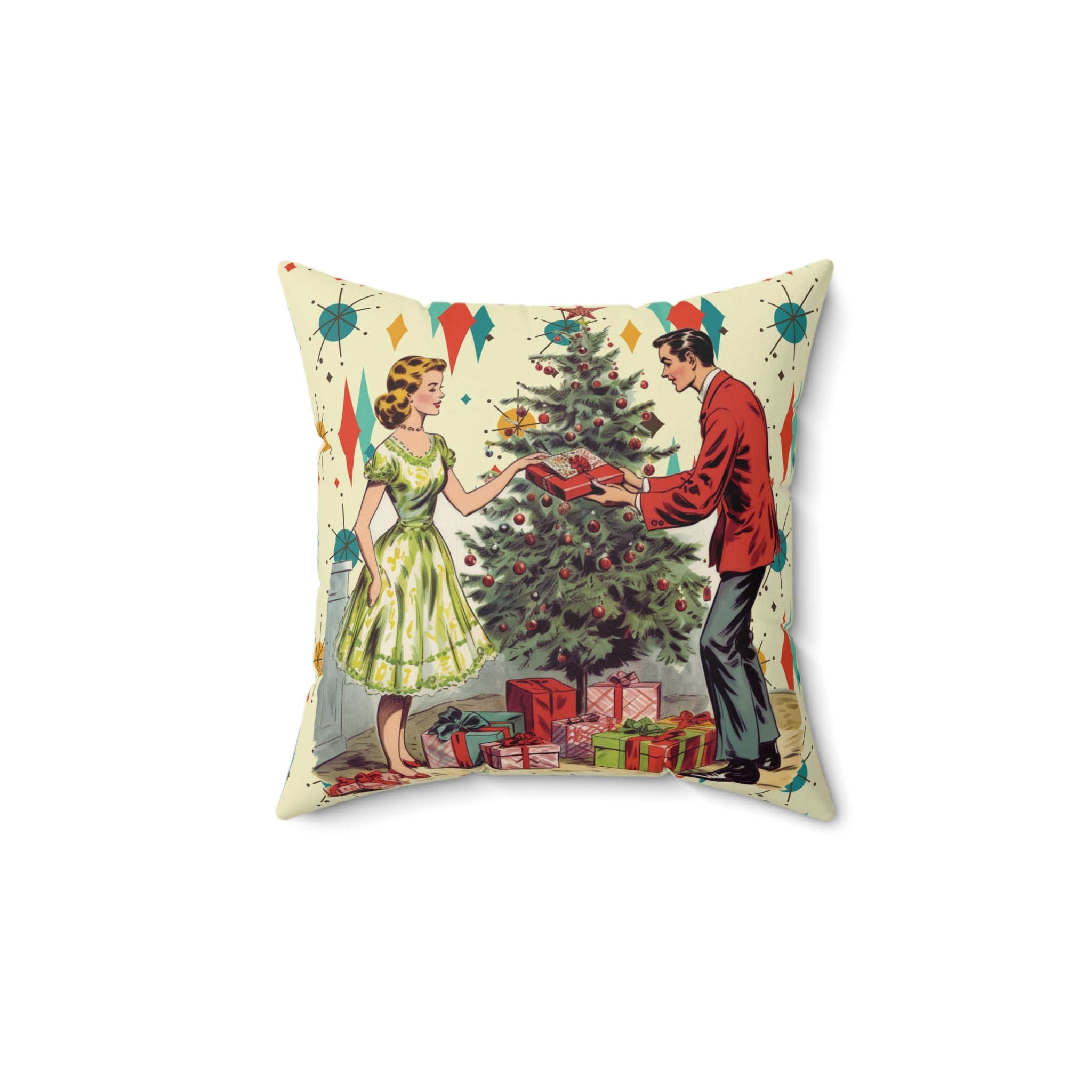 Kate McEnroe New York Retro Vintage 50s Franciscan Diamond Starburst Holiday Throw Pillow, Kitsch Christmas Scene CushionThrow Pillows53702509567286600869