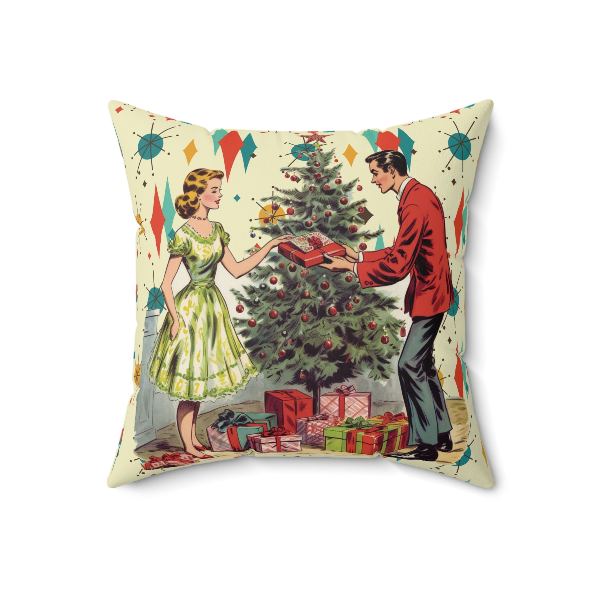 Kate McEnroe New York Retro Vintage 50s Franciscan Diamond Starburst Holiday Throw Pillow, Kitsch Christmas Scene CushionThrow Pillows66080593629792249268