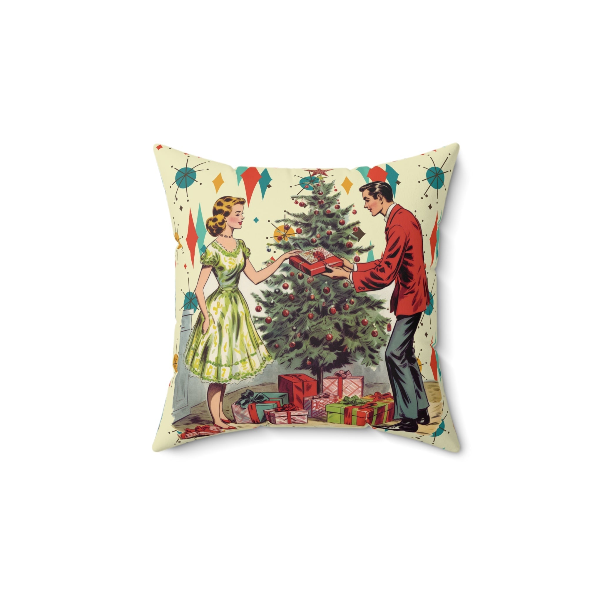 Kate McEnroe New York Retro Vintage 50s Franciscan Diamond Starburst Holiday Throw Pillow, Kitsch Christmas Scene CushionThrow Pillows66080593629792249268