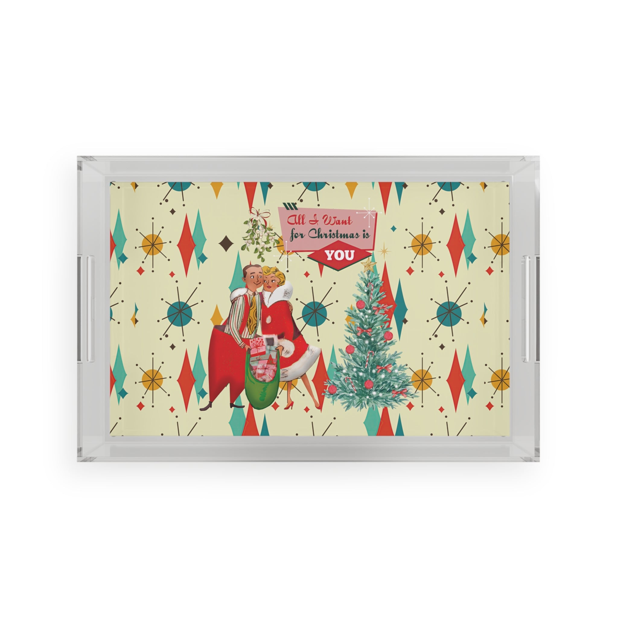 Kate McEnroe New York Retro Vintage 50s Franciscan Diamond Starburst Kitsch Christmas Card Art Acrylic Serving TrayServing Trays83006127415419391306