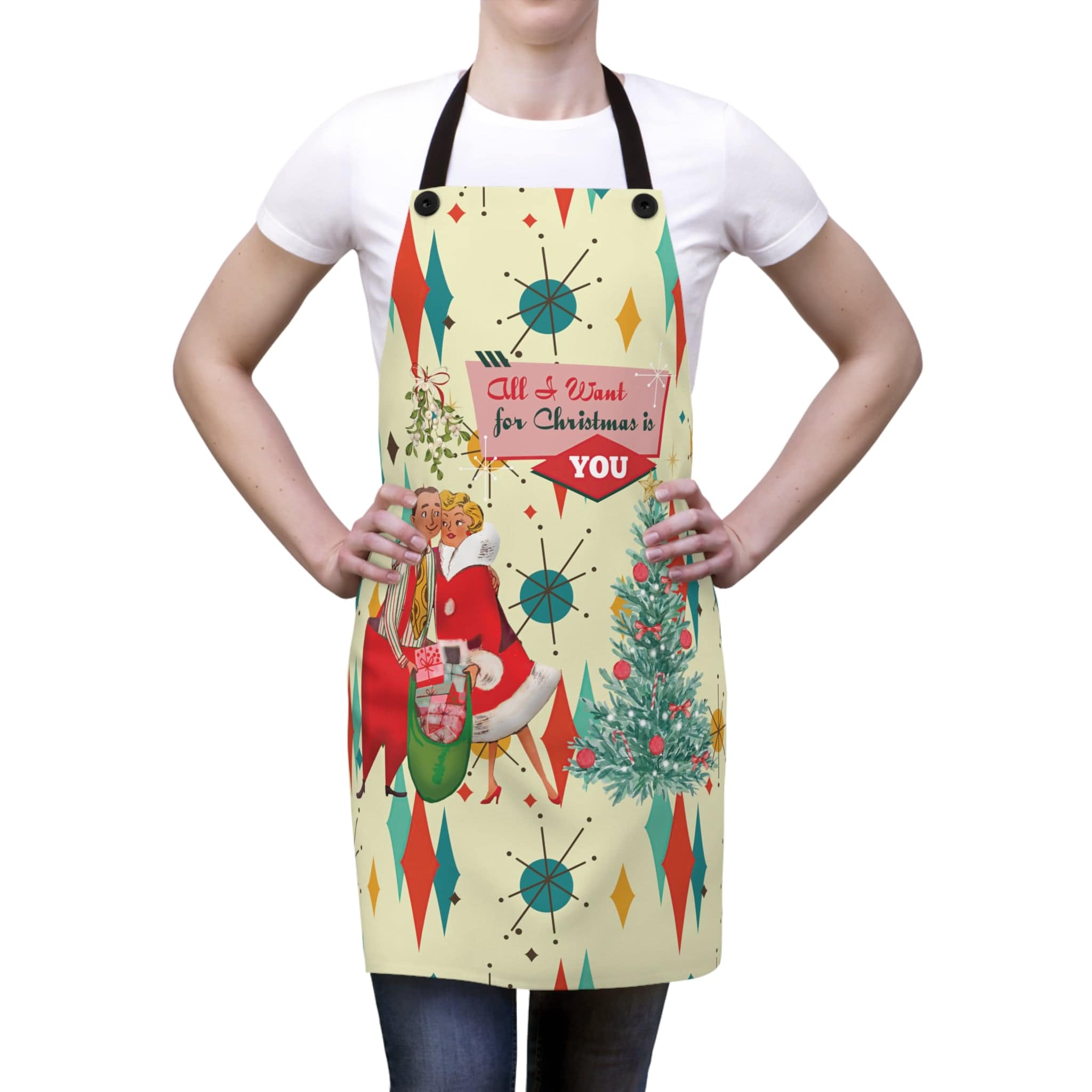 Kate McEnroe New York Retro Vintage 50s Franciscan Diamond Starburst Kitsch Christmas Card Art Apron, Mid Century Modern Holiday Cooking Wear, Chef GiftsAprons28246122449252259273