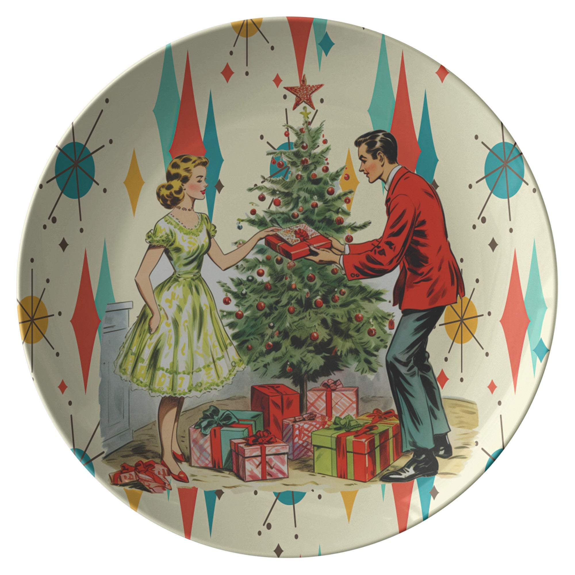 Kate McEnroe New York Retro Vintage 50s Franciscan Diamond Starburst Kitsch Christmas Card Art Dinner Plate, Atomic Mid Century Modern Holiday KitchenwarePlates9820SINGLE