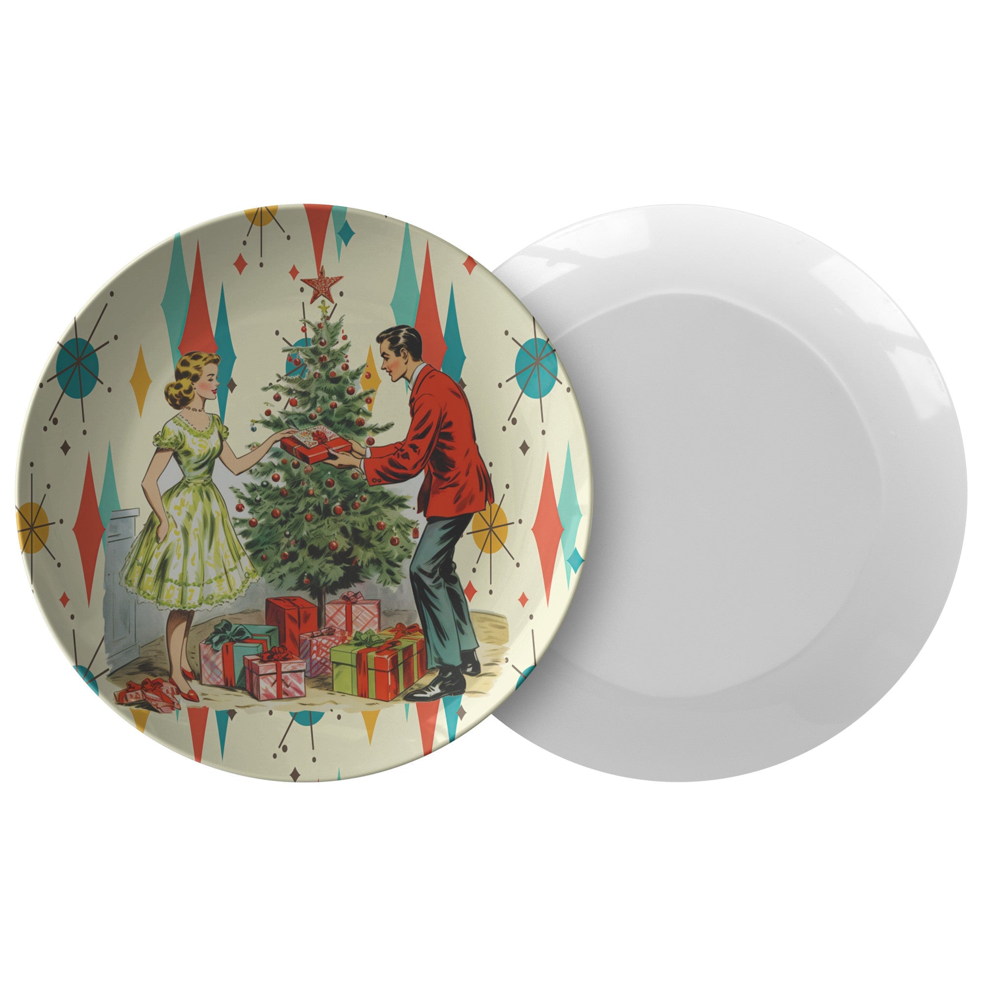 Kate McEnroe New York Retro Vintage 50s Franciscan Diamond Starburst Kitsch Christmas Card Art Dinner Plate, Atomic Mid Century Modern Holiday KitchenwarePlates9820SINGLE
