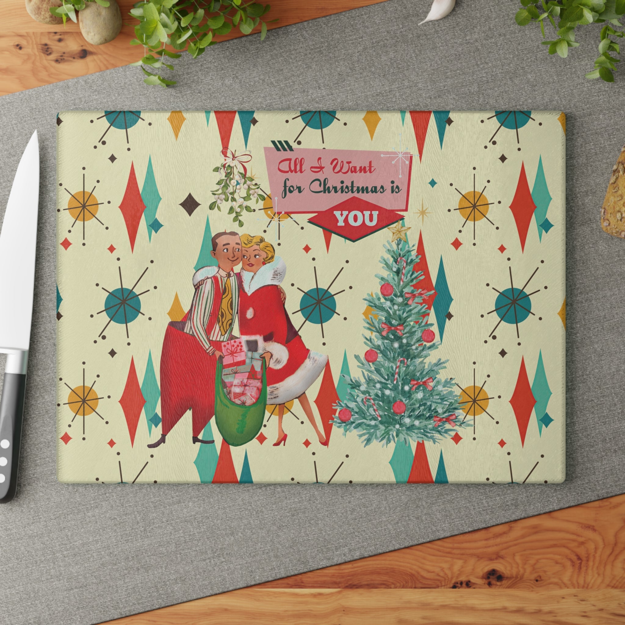 Kate McEnroe New York Retro Vintage 50s Franciscan Diamond Starburst Kitsch Christmas Card Art Glass Cutting Board, Mid Century Modern KitchenwareCutting Boards27852119251265083435
