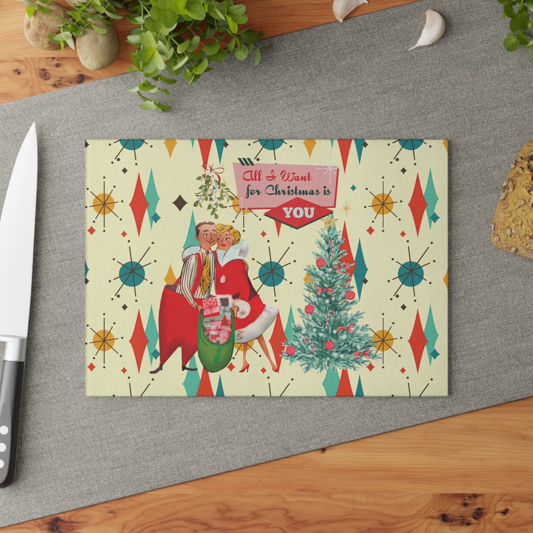 Kate McEnroe New York Retro Vintage 50s Franciscan Diamond Starburst Kitsch Christmas Card Art Glass Cutting Board, Mid Century Modern KitchenwareCutting Boards58086170485435681332
