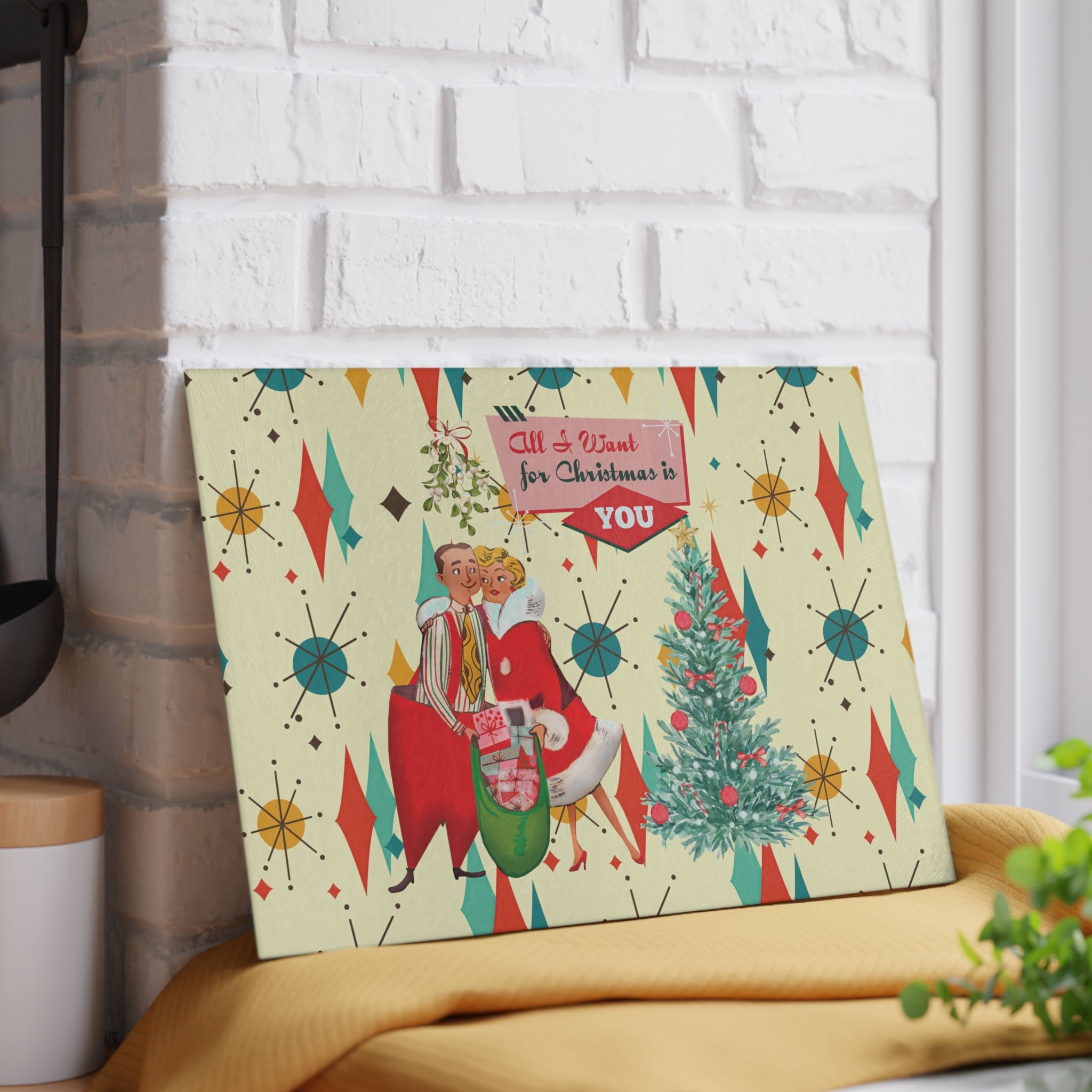 Kate McEnroe New York Retro Vintage 50s Franciscan Diamond Starburst Kitsch Christmas Card Art Glass Cutting Board, Mid Century Modern KitchenwareCutting Boards58086170485435681332