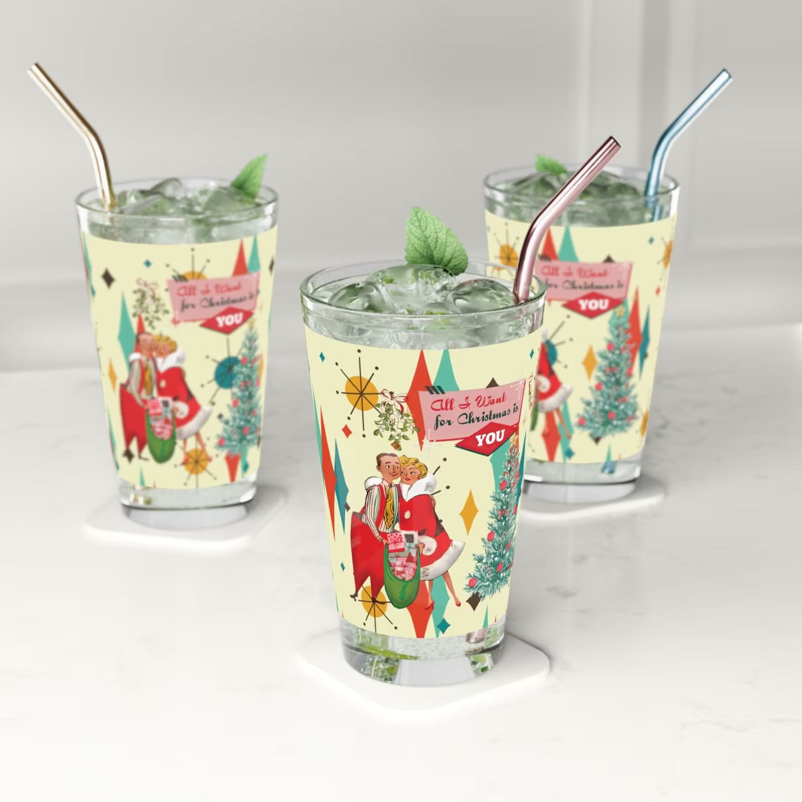 Kate McEnroe New York Retro Vintage 50s Franciscan Diamond Starburst Kitsch Christmas Card Art Pint GlassBeer Glasses25075040954339820648