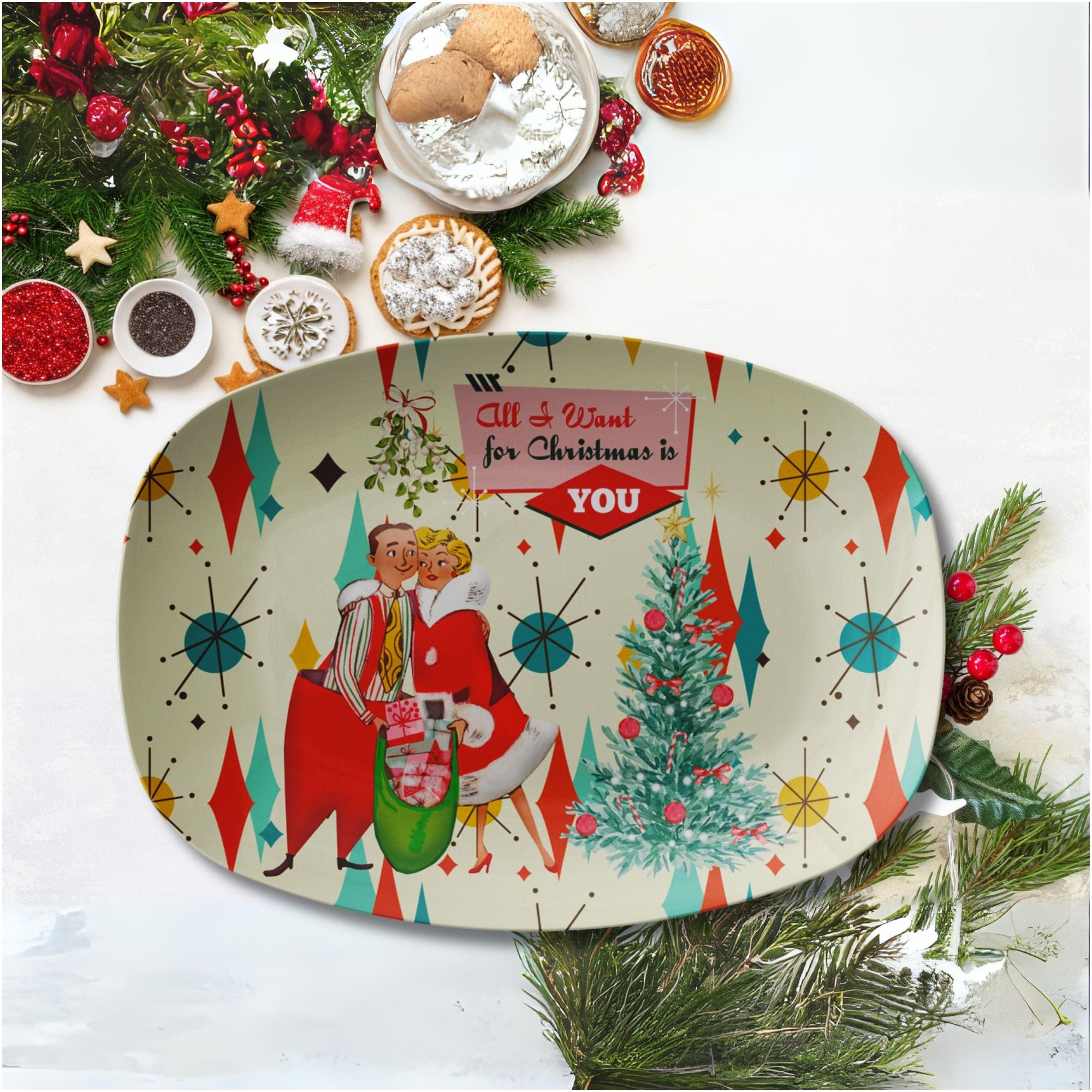 Kate McEnroe New York Retro Vintage 50s Franciscan Diamond Starburst Kitsch Christmas Card Art PlatterServing PlattersP23 - FSB - CPL - 66