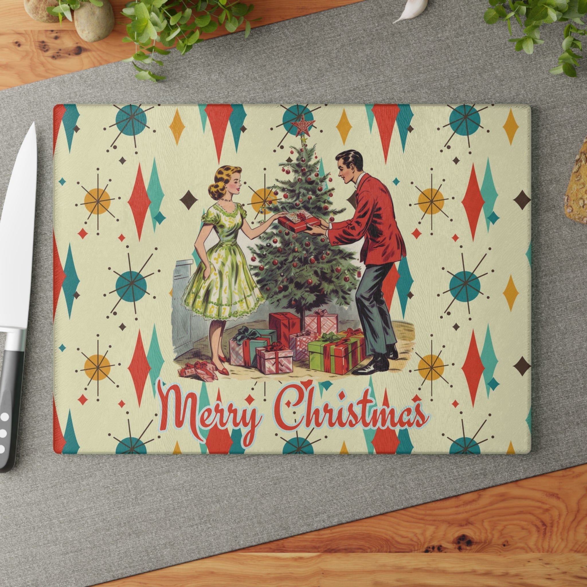 Kate McEnroe New York Retro Vintage 50s Glass Cutting Board, Franciscan Diamond Starburst Kitsch Christmas Card Art Holiday KitchenwareCutting Boards64141540264680231714