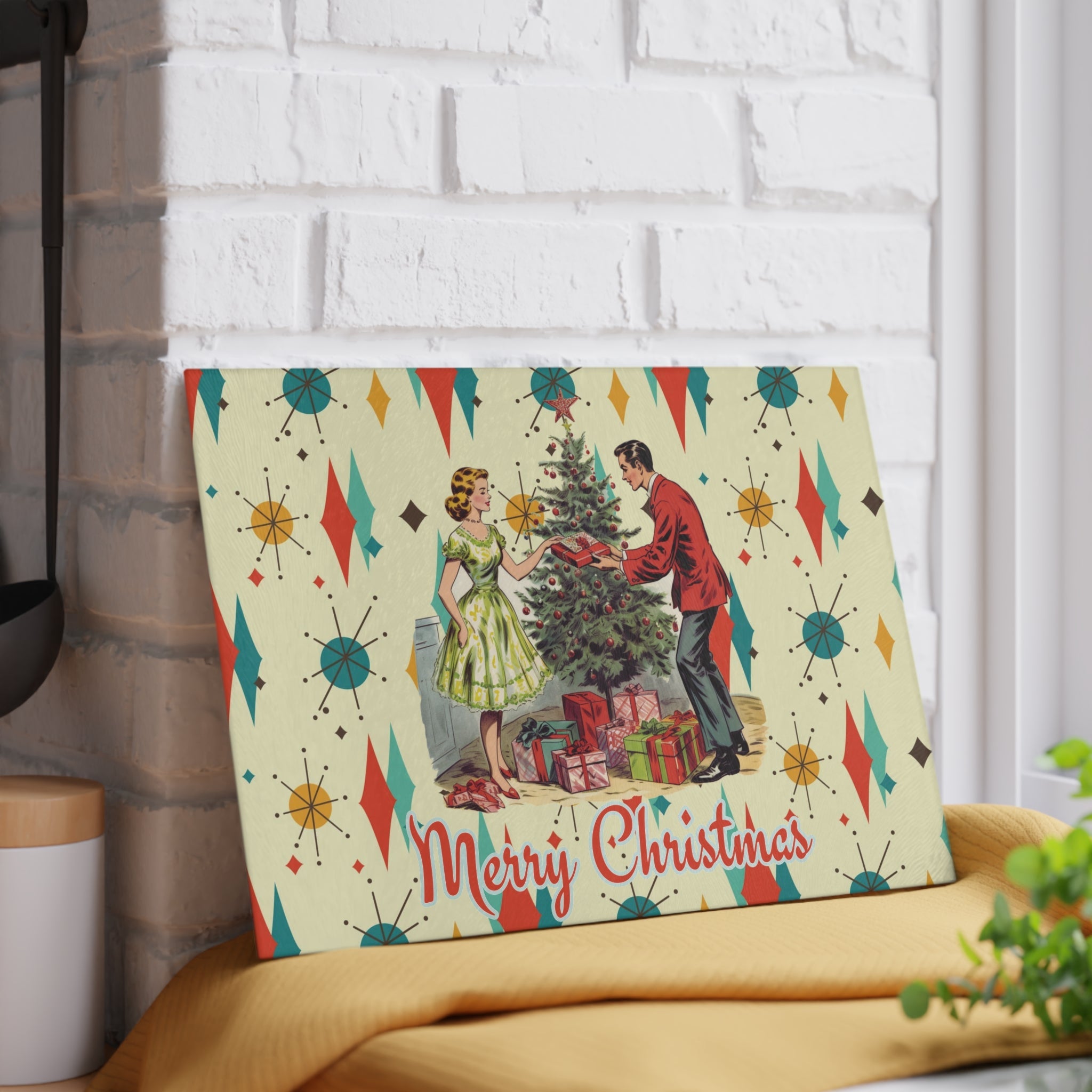 Kate McEnroe New York Retro Vintage 50s Glass Cutting Board, Franciscan Diamond Starburst Kitsch Christmas Card Art Holiday KitchenwareCutting Boards64141540264680231714