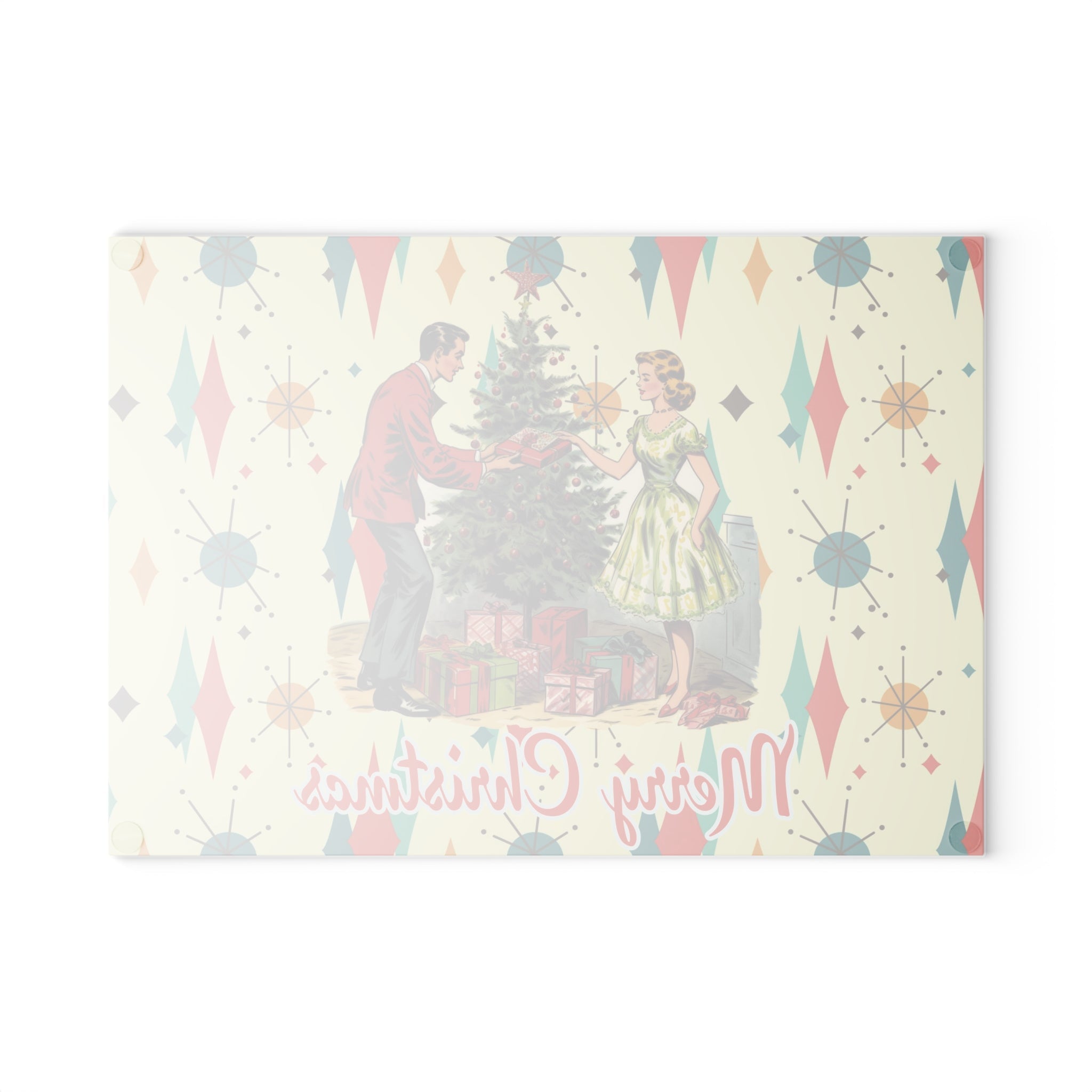 Kate McEnroe New York Retro Vintage 50s Glass Cutting Board, Franciscan Diamond Starburst Kitsch Christmas Card Art Holiday KitchenwareCutting Boards64141540264680231714