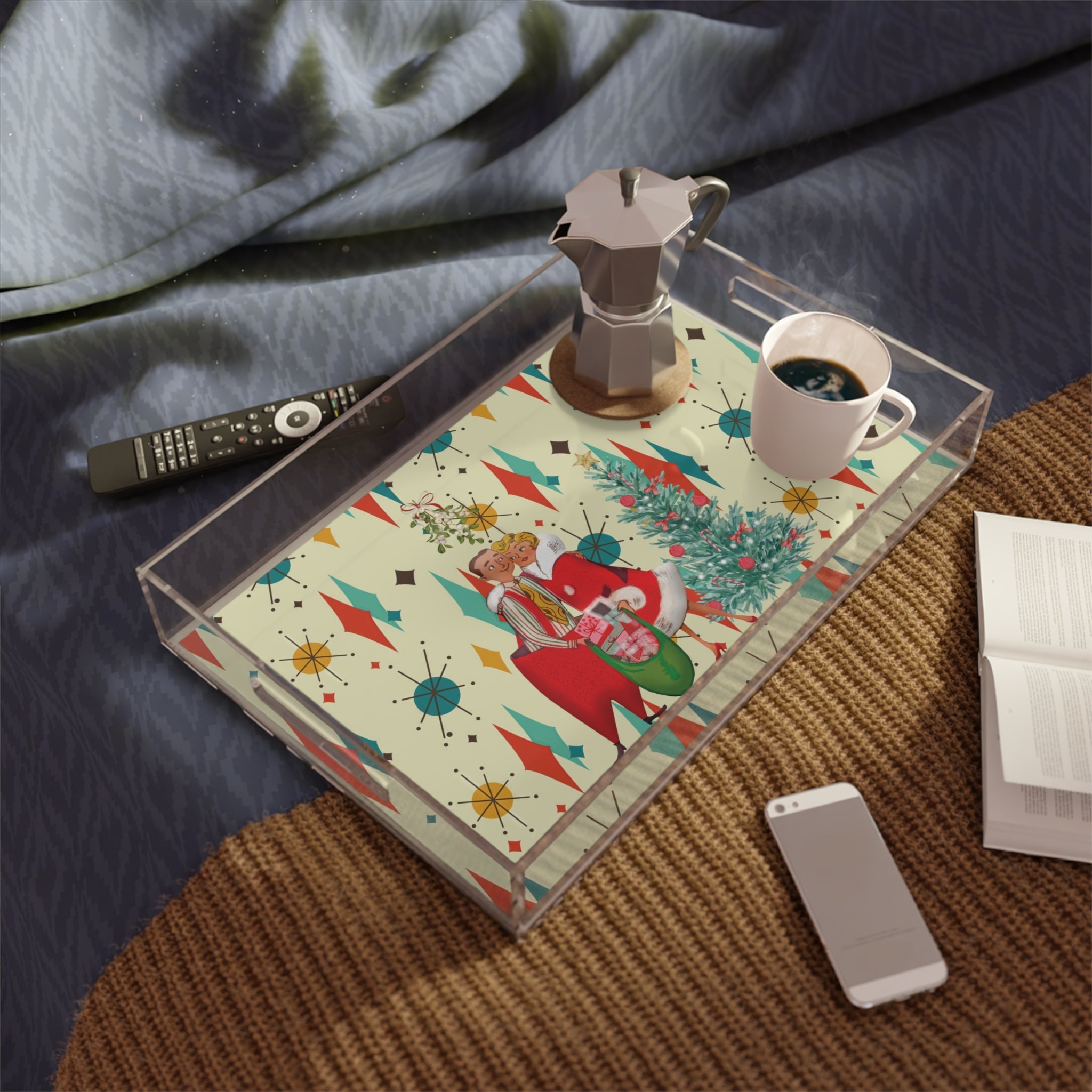 Kate McEnroe New York Retro Vintage 50s Kitsch Christmas Card Art Acrylic Serving Tray, Franciscan Diamond Starburst, Mid Century Modern Ottoman Coffee BarServing Trays16870407609780904335