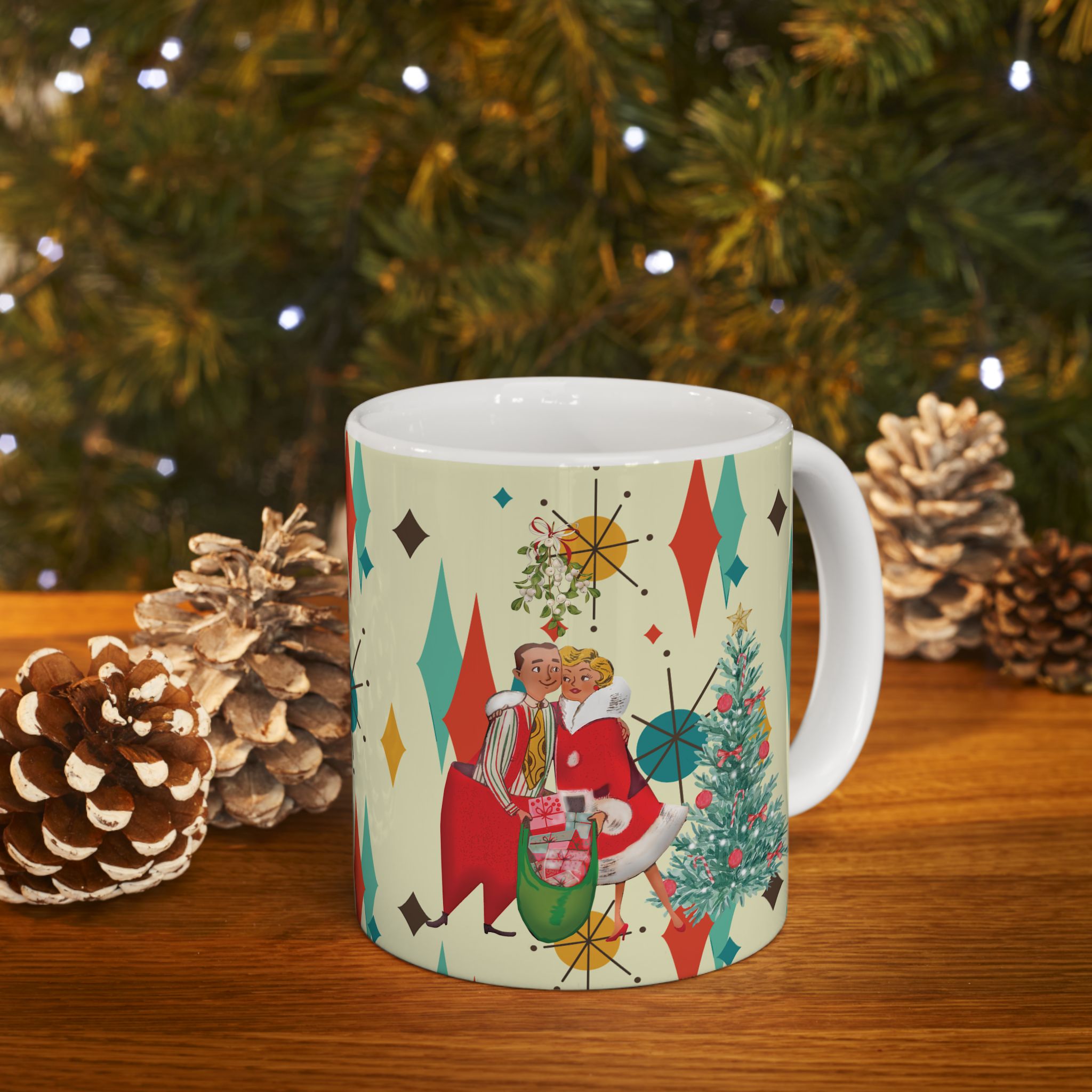 Kate McEnroe New York Retro Vintage 50s Kitsch Christmas Card Art Coffee Mug, Franciscan Diamond Starburst, Mid Century Modern DrinkwareMugs10233803074649013460