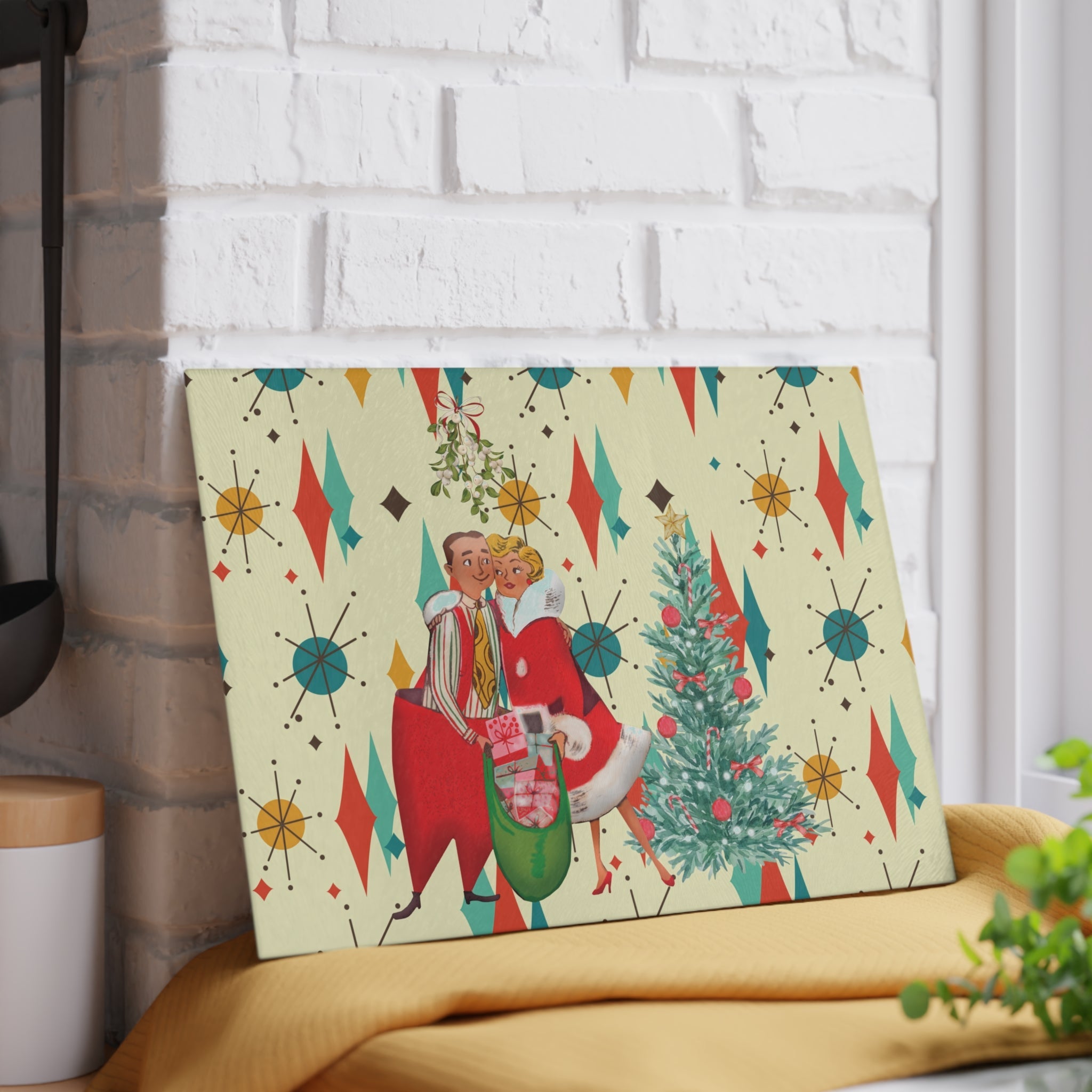 Kate McEnroe New York Retro Vintage 50s Kitsch Christmas Card Art Glass Cutting Board, Franciscan Diamond Starburst, Mid Century KitchenwareCutting Boards28292959428763346802