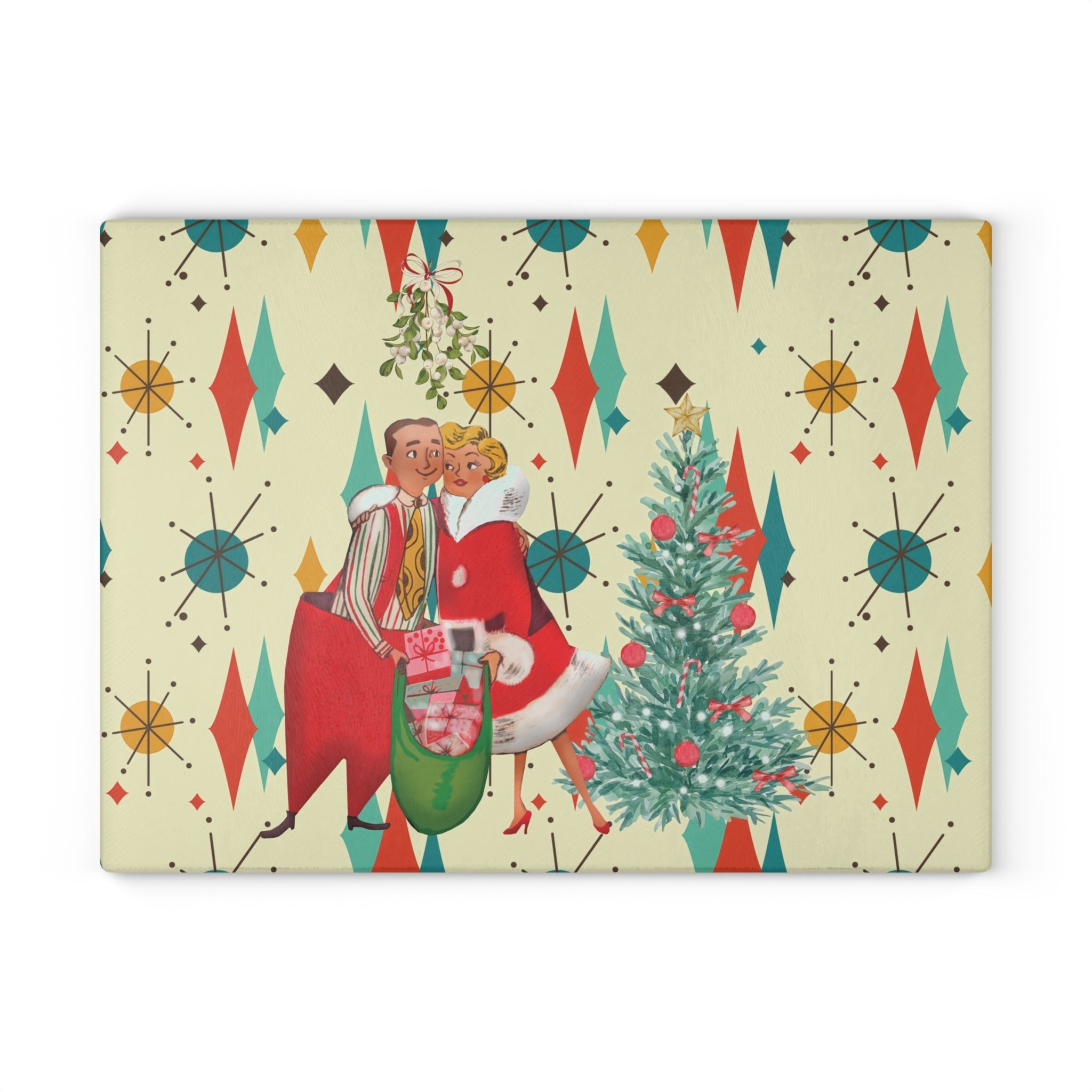 Kate McEnroe New York Retro Vintage 50s Kitsch Christmas Card Art Glass Cutting Board, Franciscan Diamond Starburst, Mid Century KitchenwareCutting Boards28292959428763346802