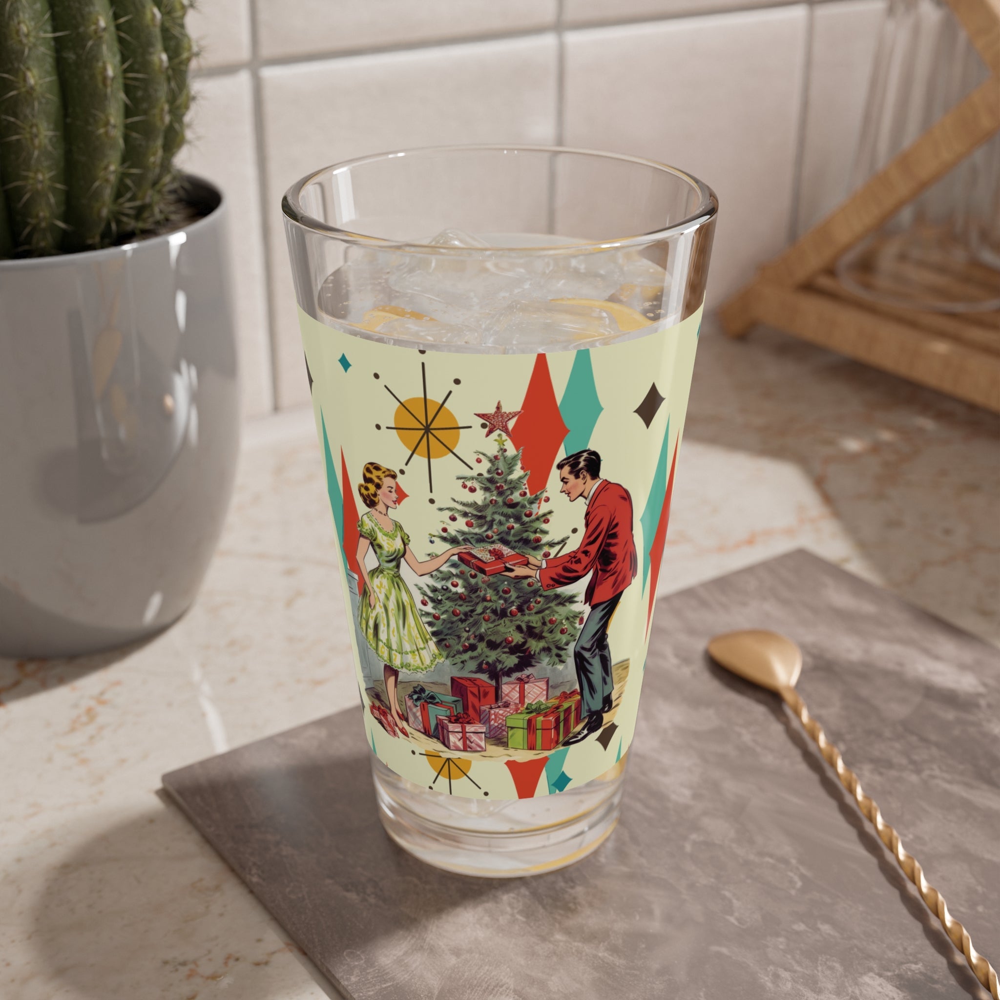 Kate McEnroe New York Retro Vintage 50s Kitsch Christmas Card Art Mixing Glass, 16oz Franciscan Diamond Starburst, MCM Cocktail Shaker, Holiday Party Glassware,Pint Glasses41835080798348466682