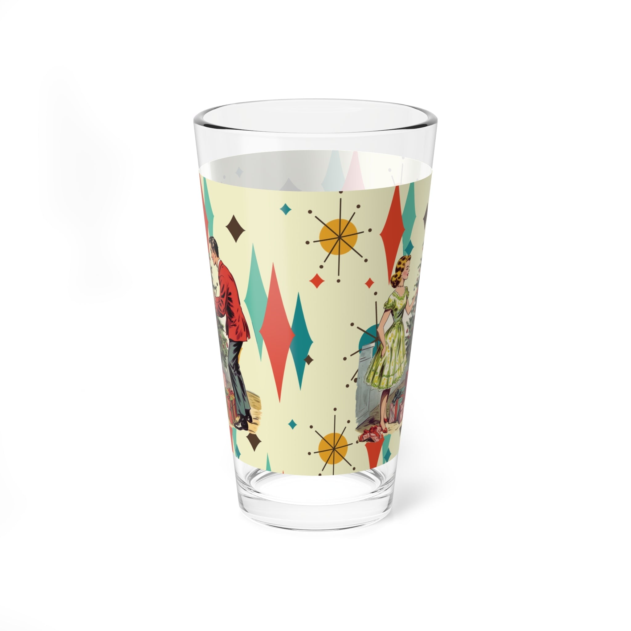 Kate McEnroe New York Retro Vintage 50s Kitsch Christmas Card Art Mixing Glass, 16oz Franciscan Diamond Starburst, MCM Cocktail Shaker, Holiday Party Glassware,Pint Glasses41835080798348466682
