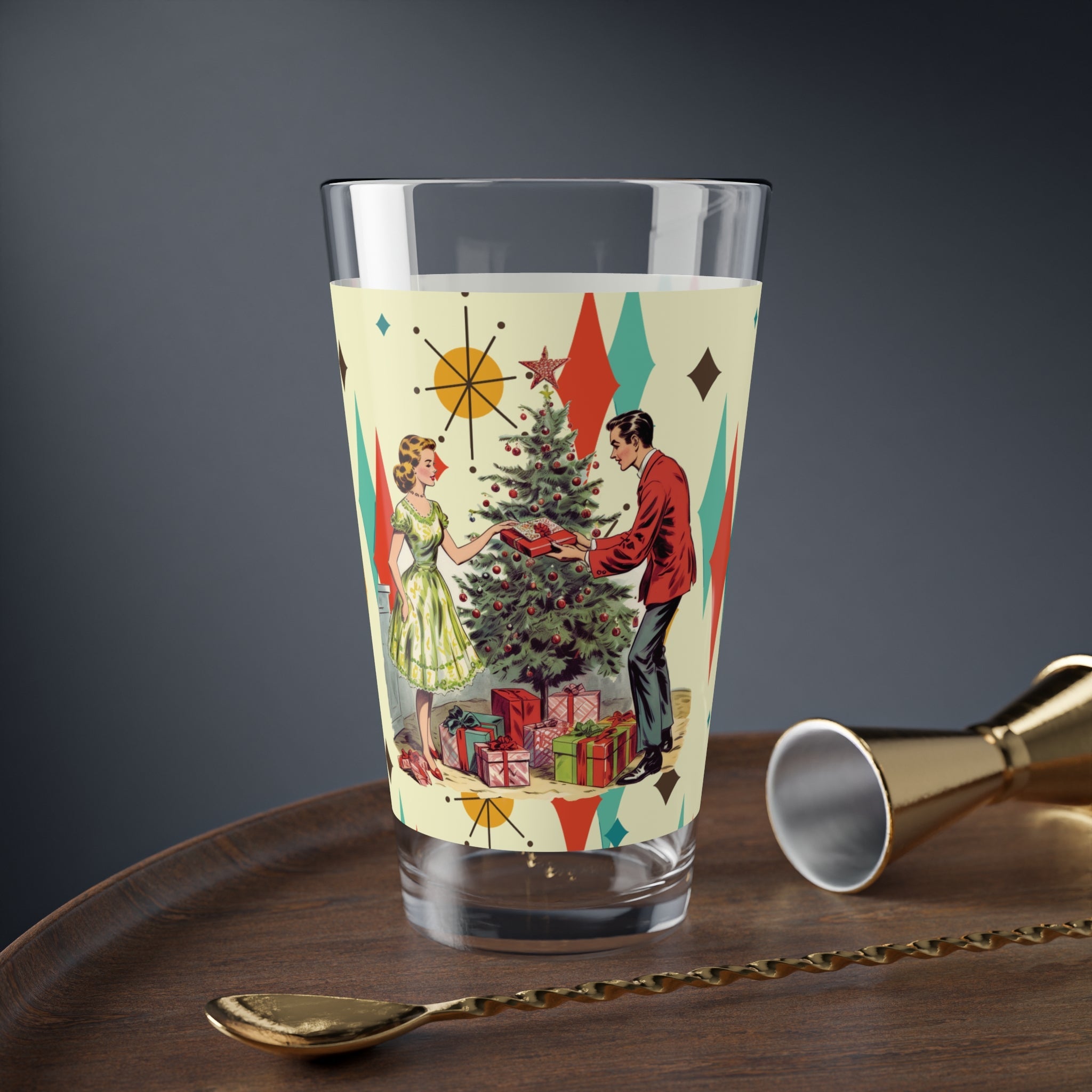 Kate McEnroe New York Retro Vintage 50s Kitsch Christmas Card Art Mixing Glass, 16oz Franciscan Diamond Starburst, MCM Cocktail Shaker, Holiday Party Glassware,Pint Glasses41835080798348466682