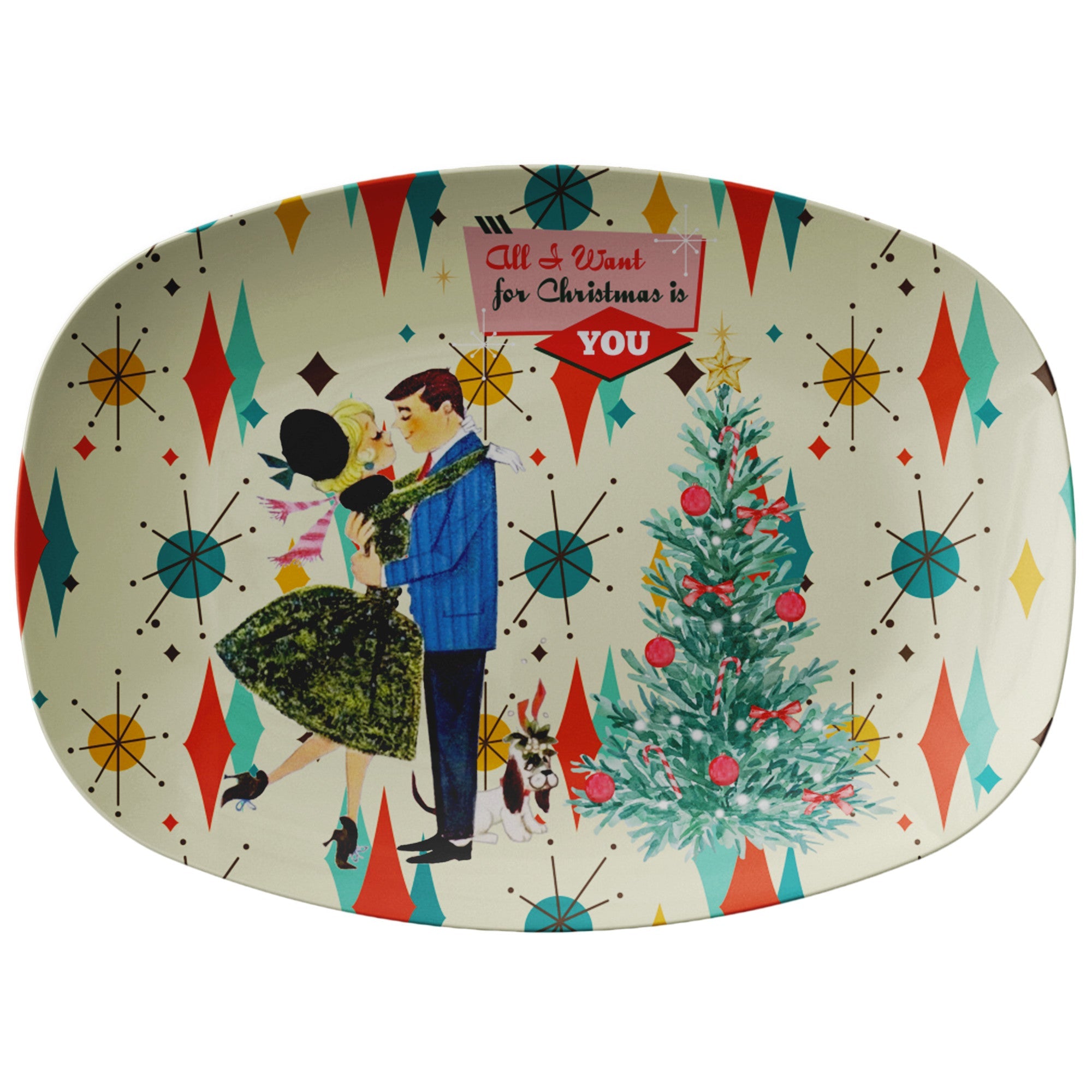 Kate McEnroe New York Retro Vintage 50s Kitsch Christmas Card Art Platter, Franciscan Diamond Starburst Serving TrayServing PlattersP23 - VIN - CPL - 71
