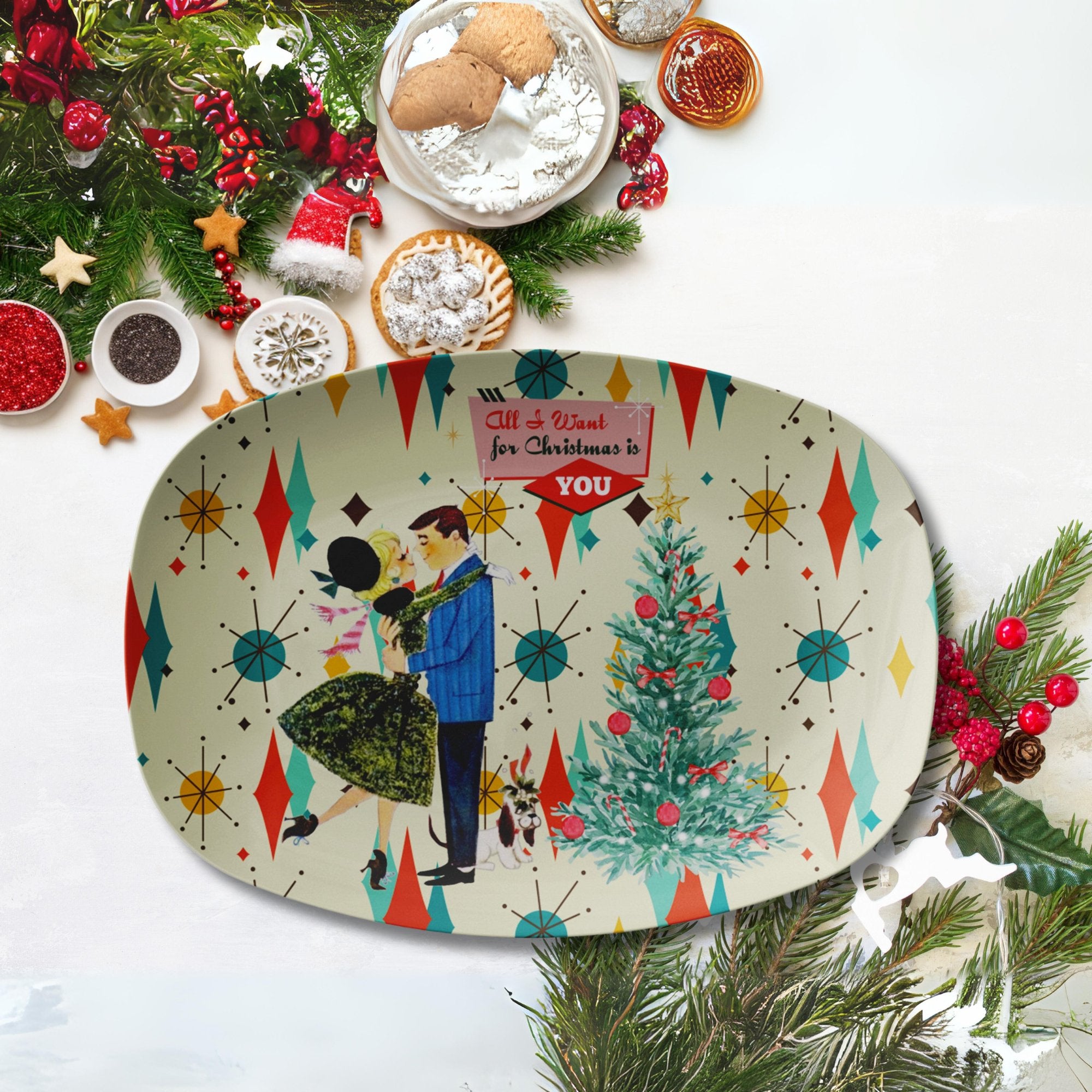 Kate McEnroe New York Retro Vintage 50s Kitsch Christmas Card Art Platter, Franciscan Diamond Starburst Serving TrayServing PlattersP23 - VIN - CPL - 71