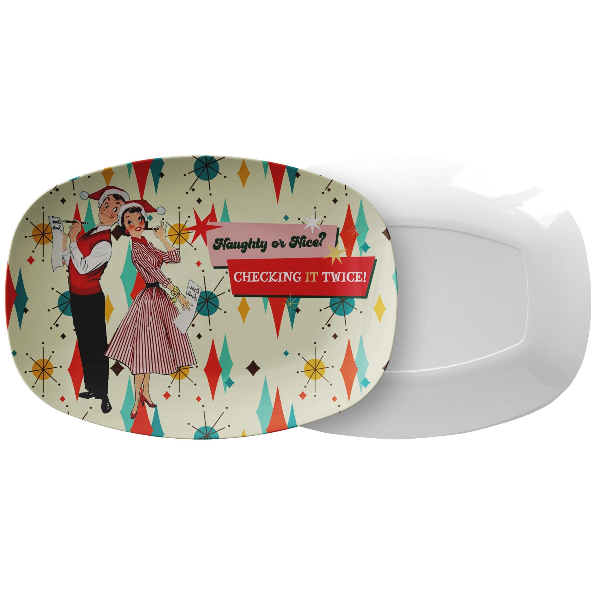 Kate McEnroe New York Retro Vintage 50s Kitsch Christmas Card Art Platter, Naughty or Nice, Franciscan Diamond Starburst Serving TrayServing Platters9727