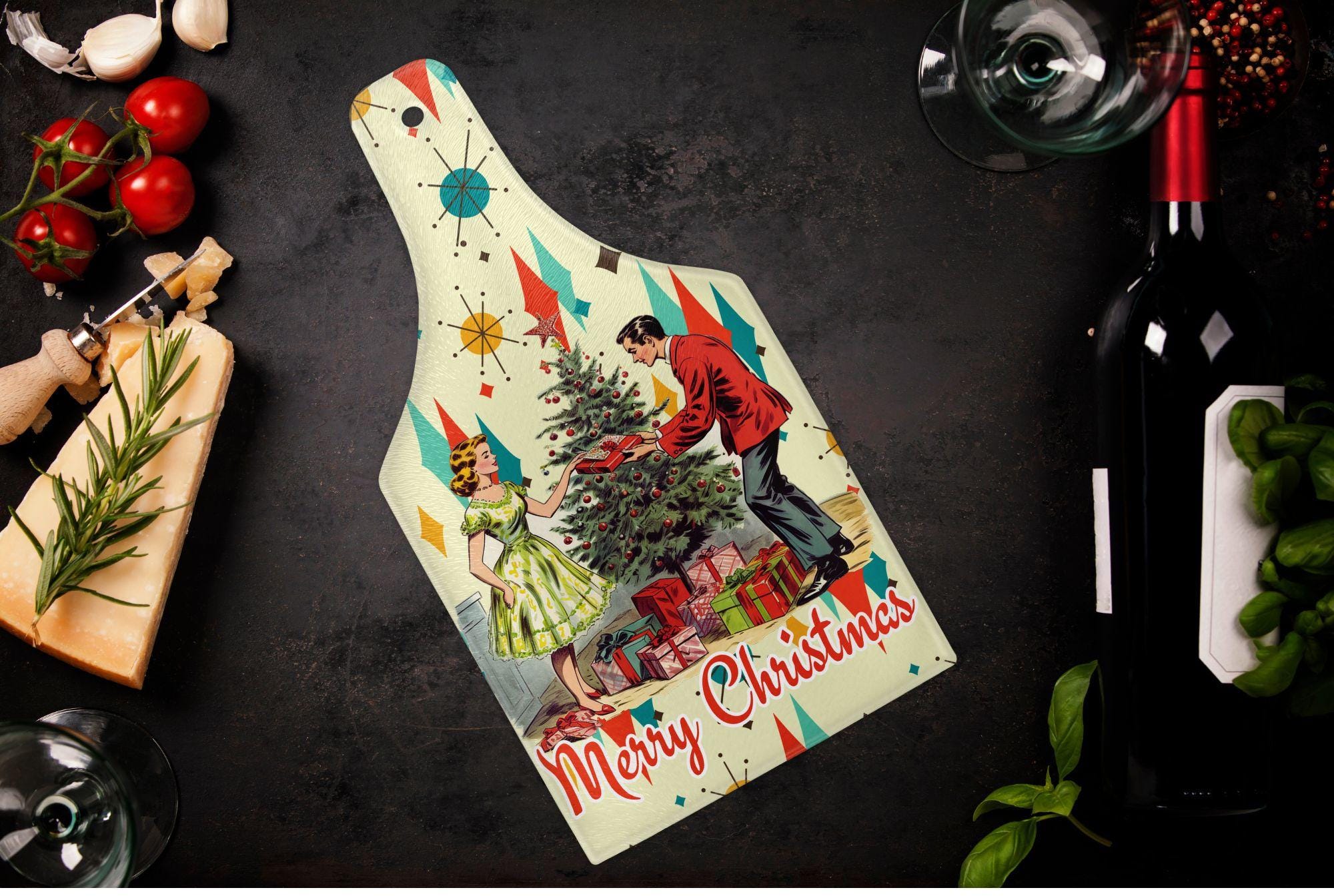 Kate McEnroe New York Retro Vintage 50s Wine Bottle Shape Glass Cutting Board, Franciscan Diamond Starburst Kitsch Christmas Card Art Holiday KitchenwareCutting BoardsPTG-VCP-MCH-3