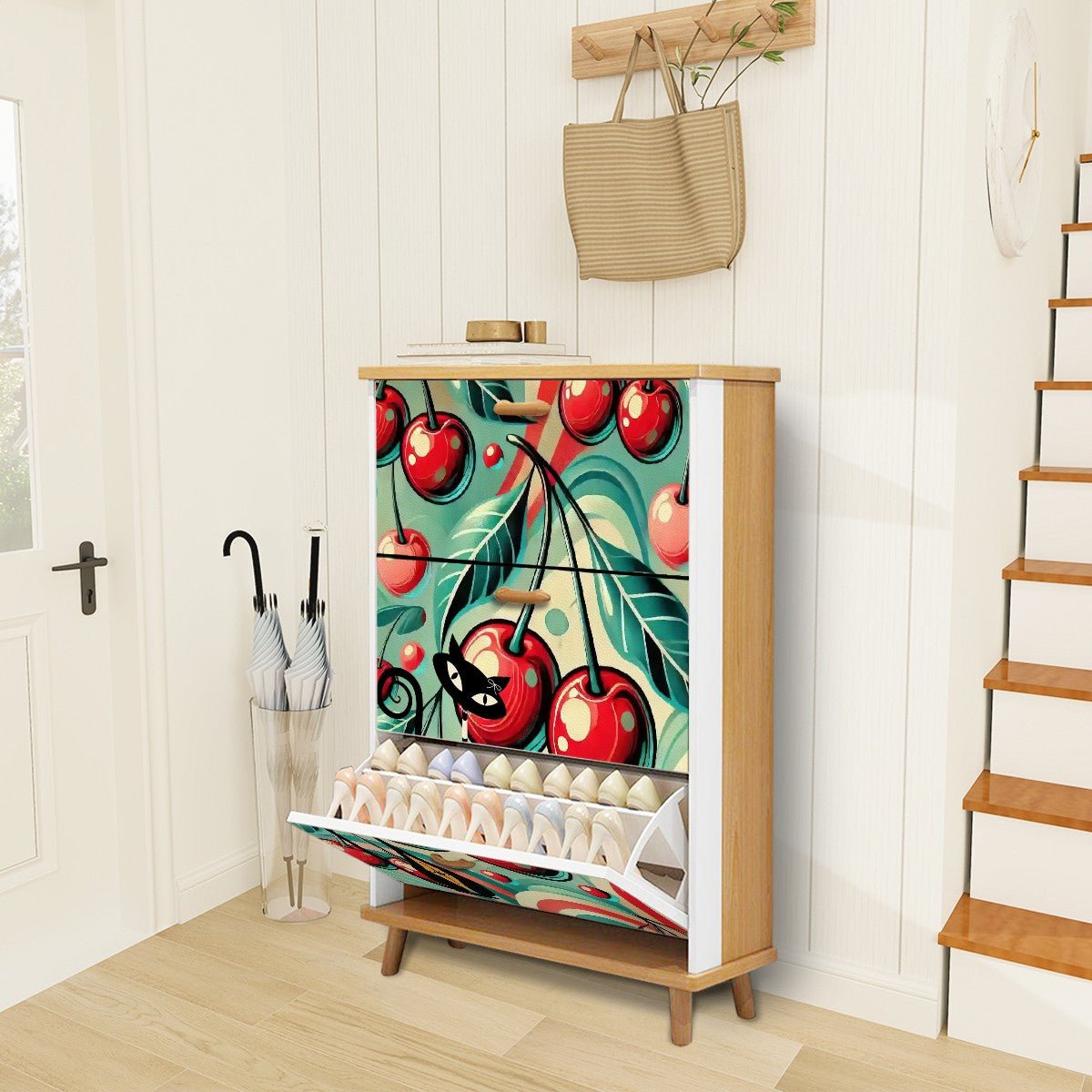 Kate McEnroe New York Retro Vintage Atomic Cat Cherry Kitsch Shoe Cabinet, Mid Century Modern Storage AccentShoe StorageFqhlgGTpsu