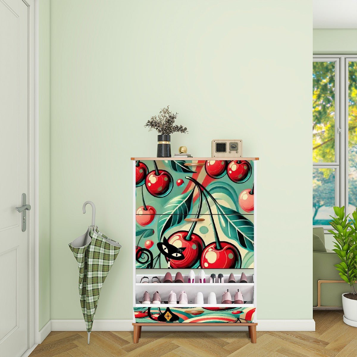 Kate McEnroe New York Retro Vintage Atomic Cat Cherry Kitsch Shoe Cabinet, Mid Century Modern Storage AccentShoe StorageFqhlgGTpsu