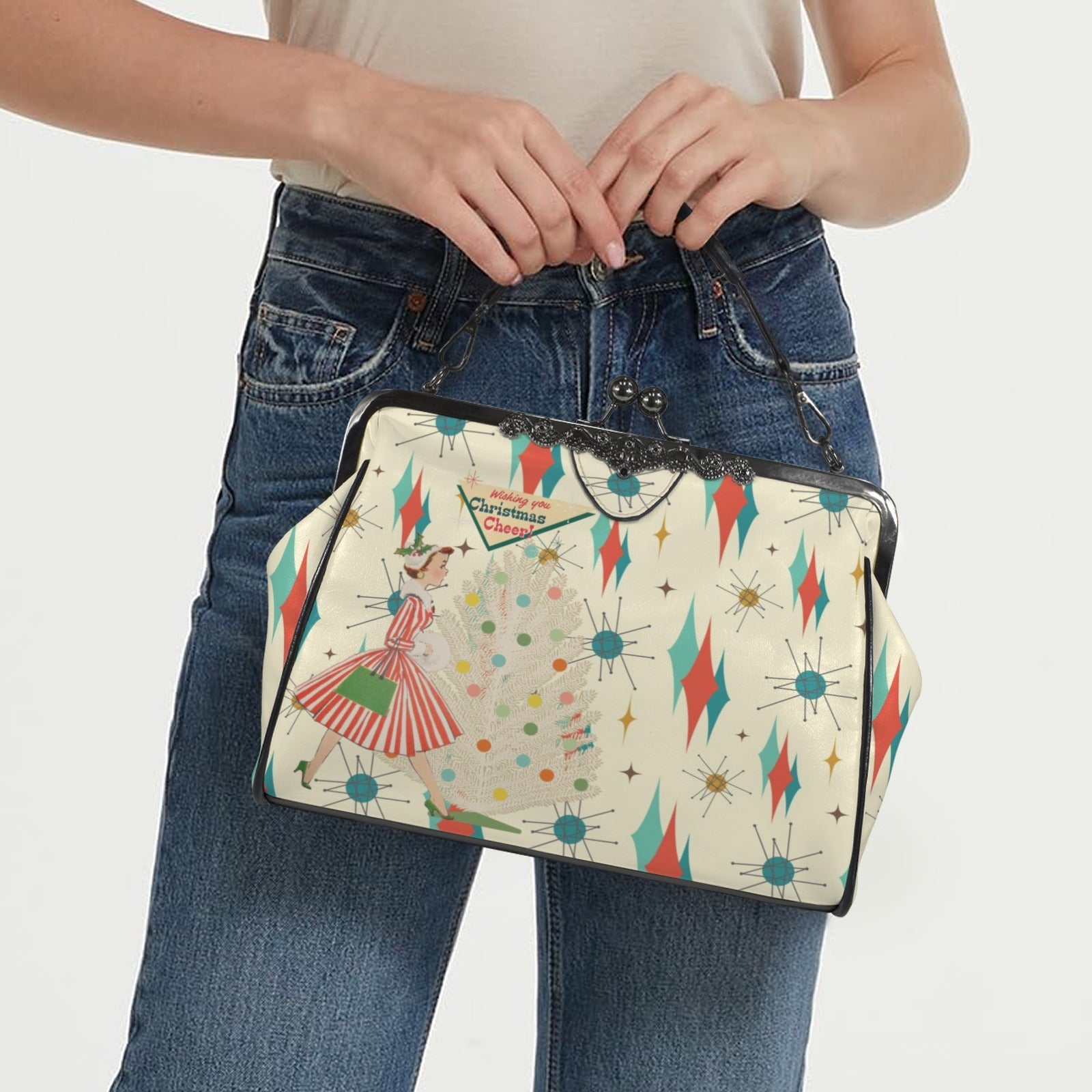 Kate McEnroe New York Retro Vintage Christmas Cheer Mid Century Starburst Kisslock PurseCrossbody BagsD3266992