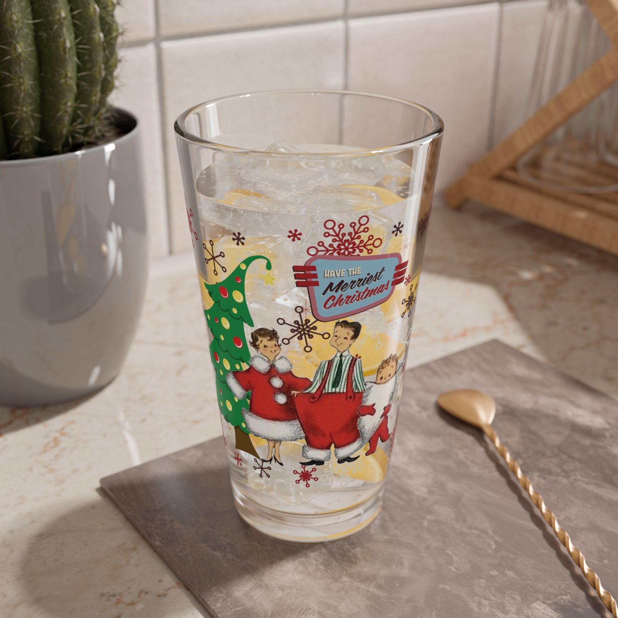 Kate McEnroe New York Retro Vintage Kitsch 50s Christmas Family Pint Glass, Mid Century Modern Holiday DrinkwarePint Glasses26647592722351753201