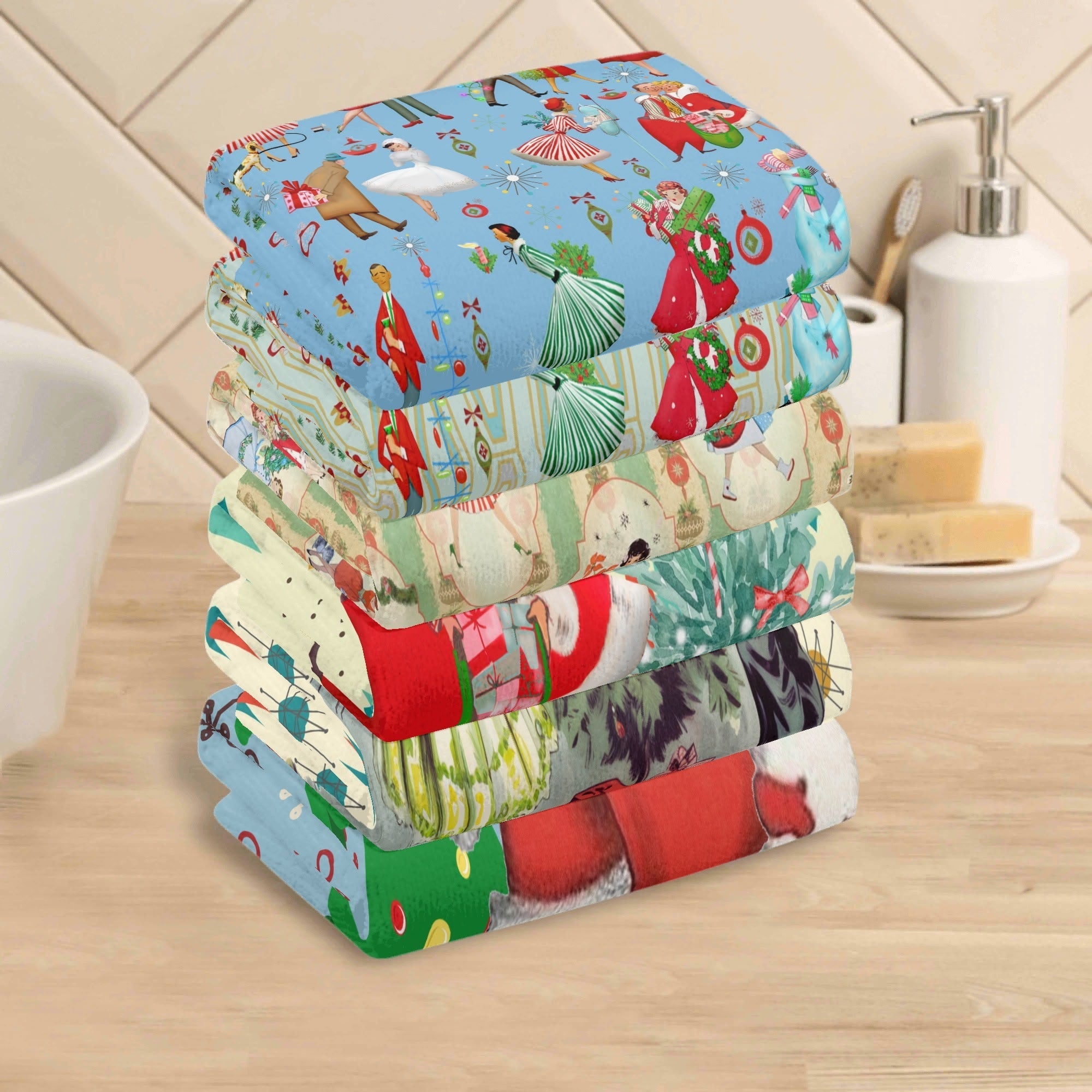 Kate McEnroe New York Retro Vintage Kitsch Christmas Hand Towels, Mid Century Modern Holiday Bath Kitchen TowelsHand TowelsW8M7737W - 1