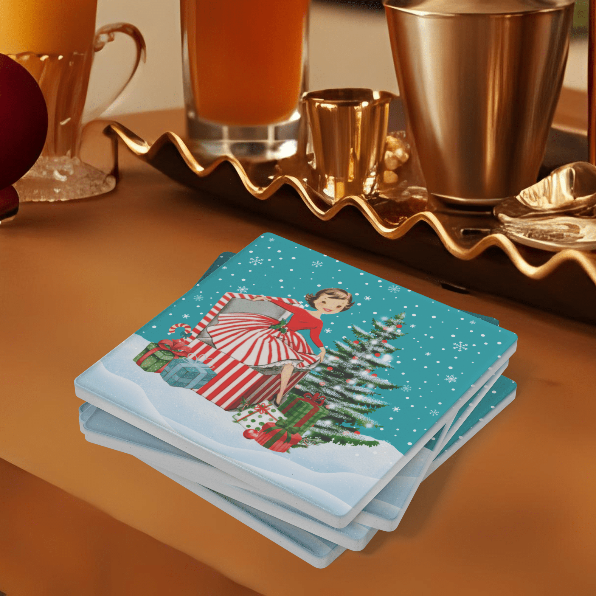 Kate McEnroe New York Retro Vintage Kitsch Snowy Christmas Coasters, Mid Century Modern 50s Holiday DrinkwareCoasters7021